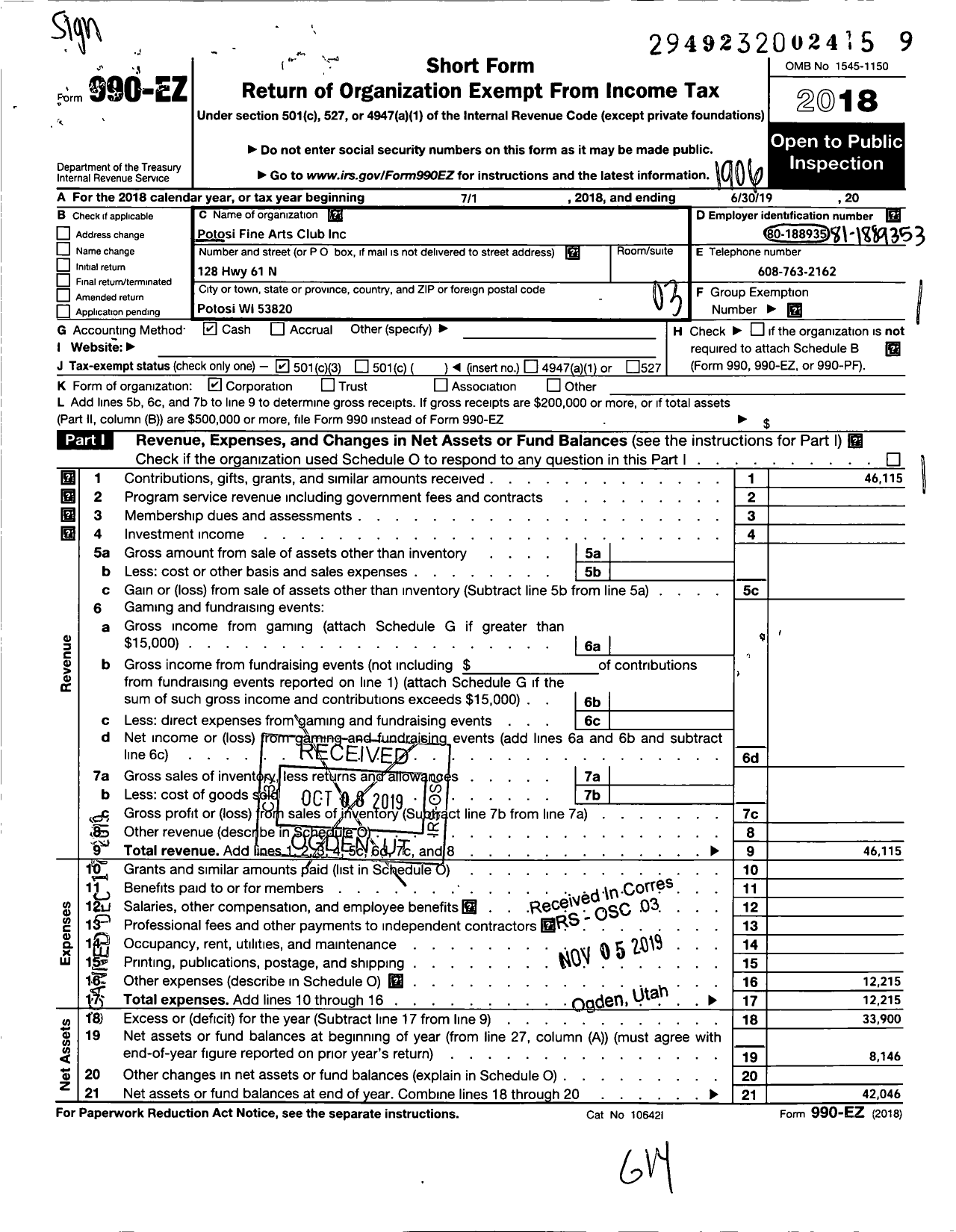 Image of first page of 2018 Form 990EZ for Potosi Fine Arts Club