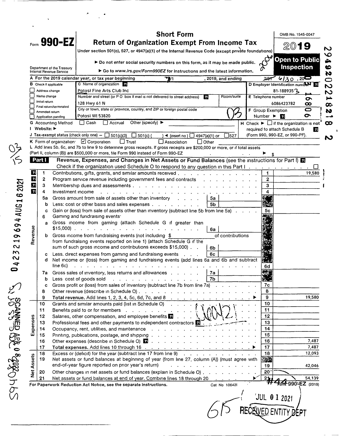 Image of first page of 2019 Form 990EZ for Potosi Fine Arts Club