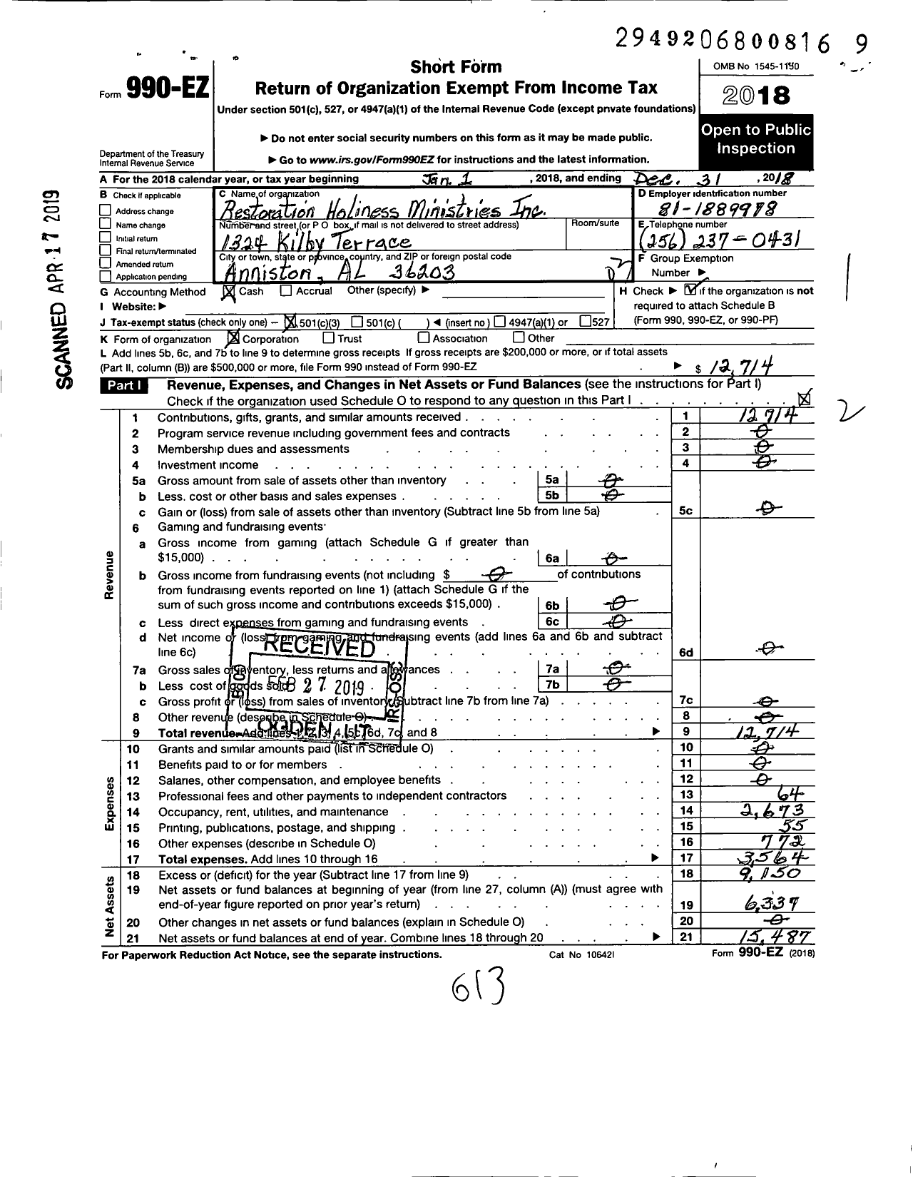 Image of first page of 2018 Form 990EZ for Restoration Holiness Ministries