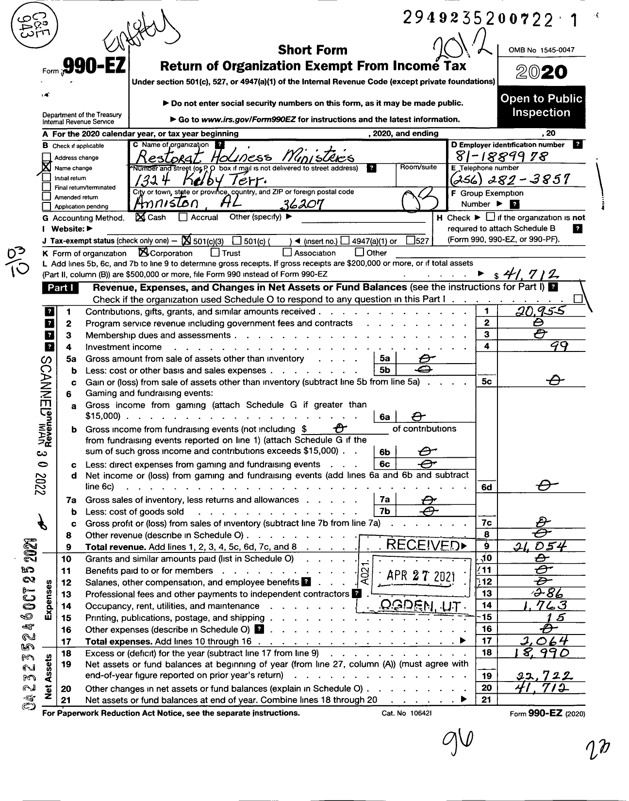 Image of first page of 2020 Form 990EZ for Restoration Holiness Ministries