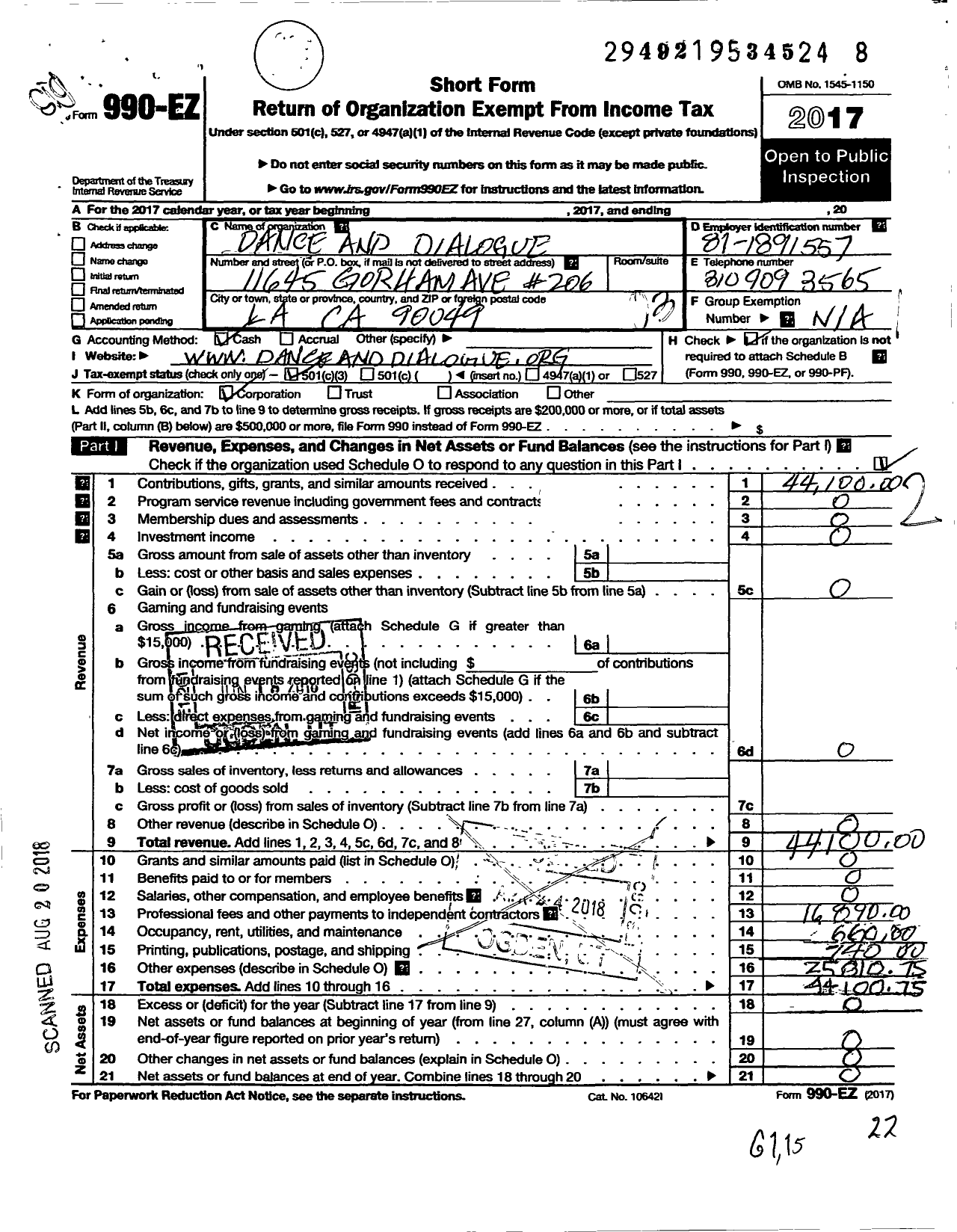 Image of first page of 2017 Form 990EZ for Dance and Dialogue