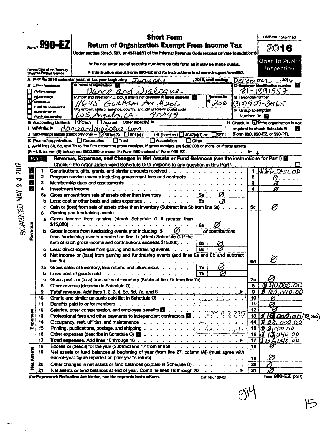 Image of first page of 2016 Form 990EZ for Dance and Dialogue