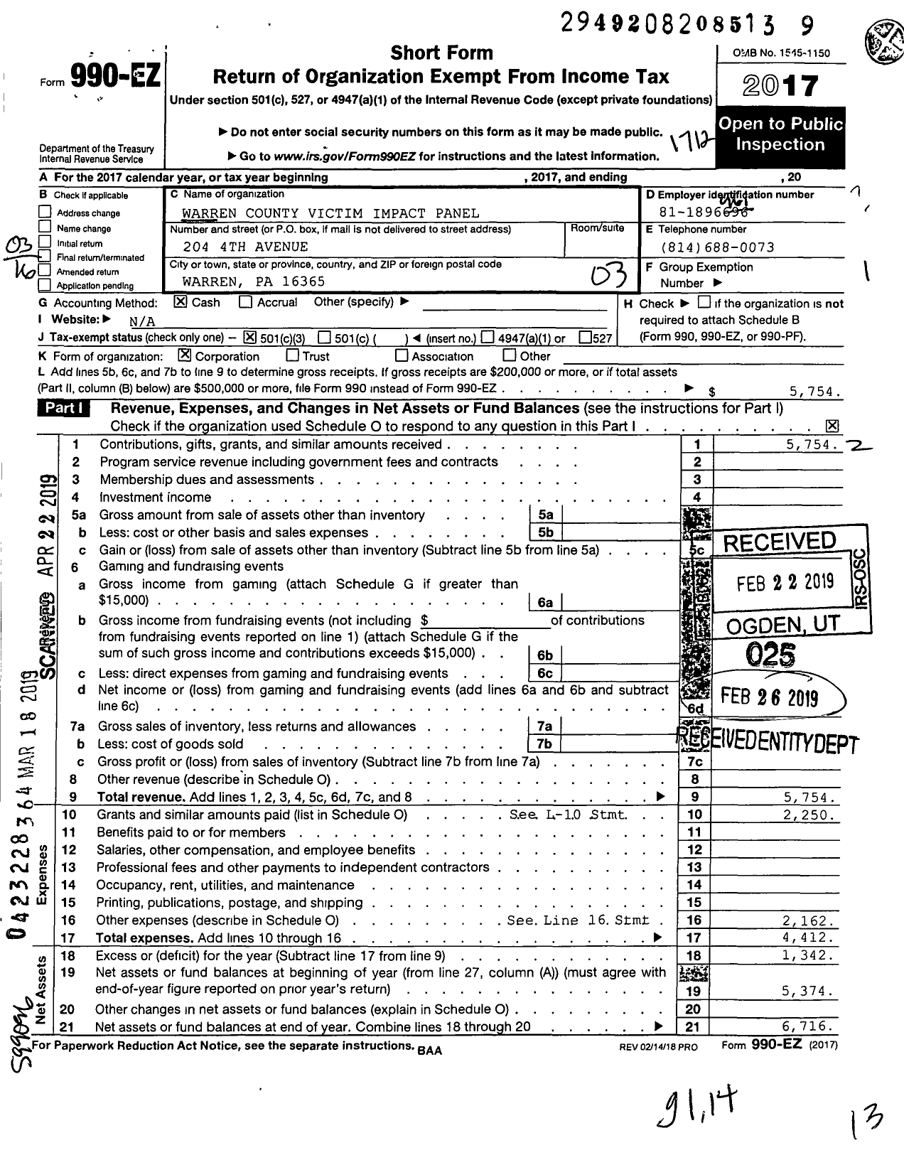 Image of first page of 2017 Form 990EZ for Warren County Victim Impact Panel