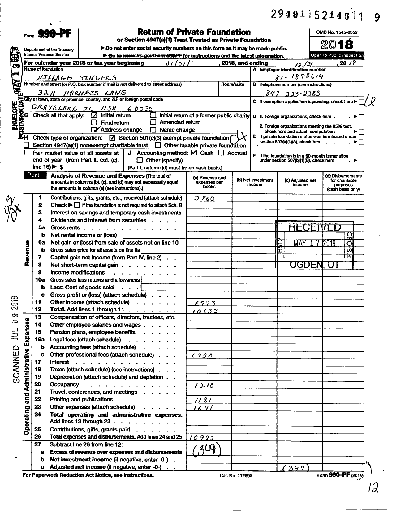 Image of first page of 2018 Form 990PF for Village Singers