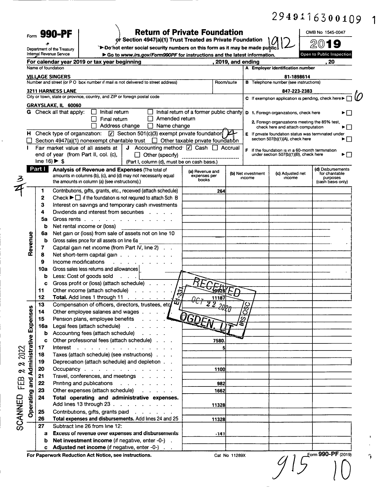 Image of first page of 2019 Form 990PF for Village Singers