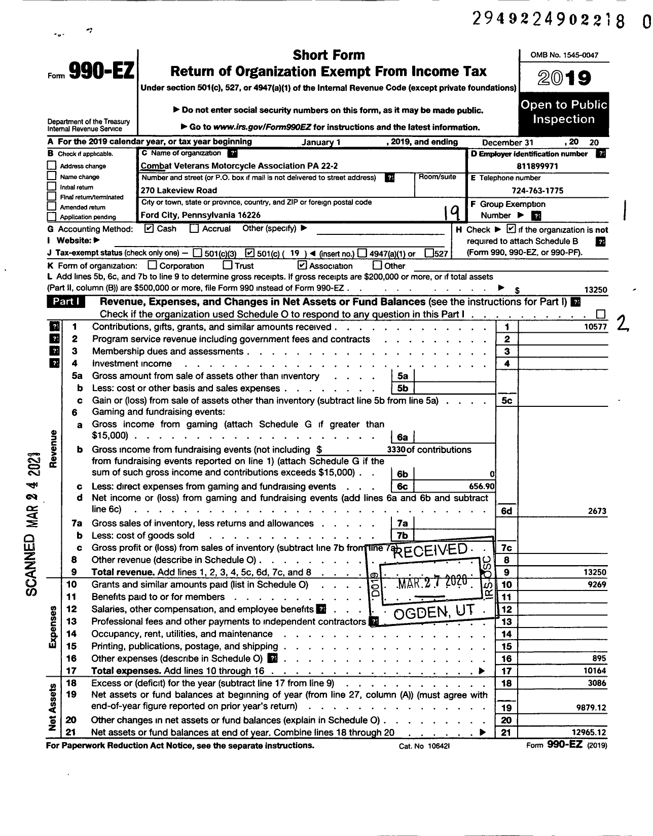 Image of first page of 2019 Form 990EO for Combat Veterans Motorcycle Association PA 22-2