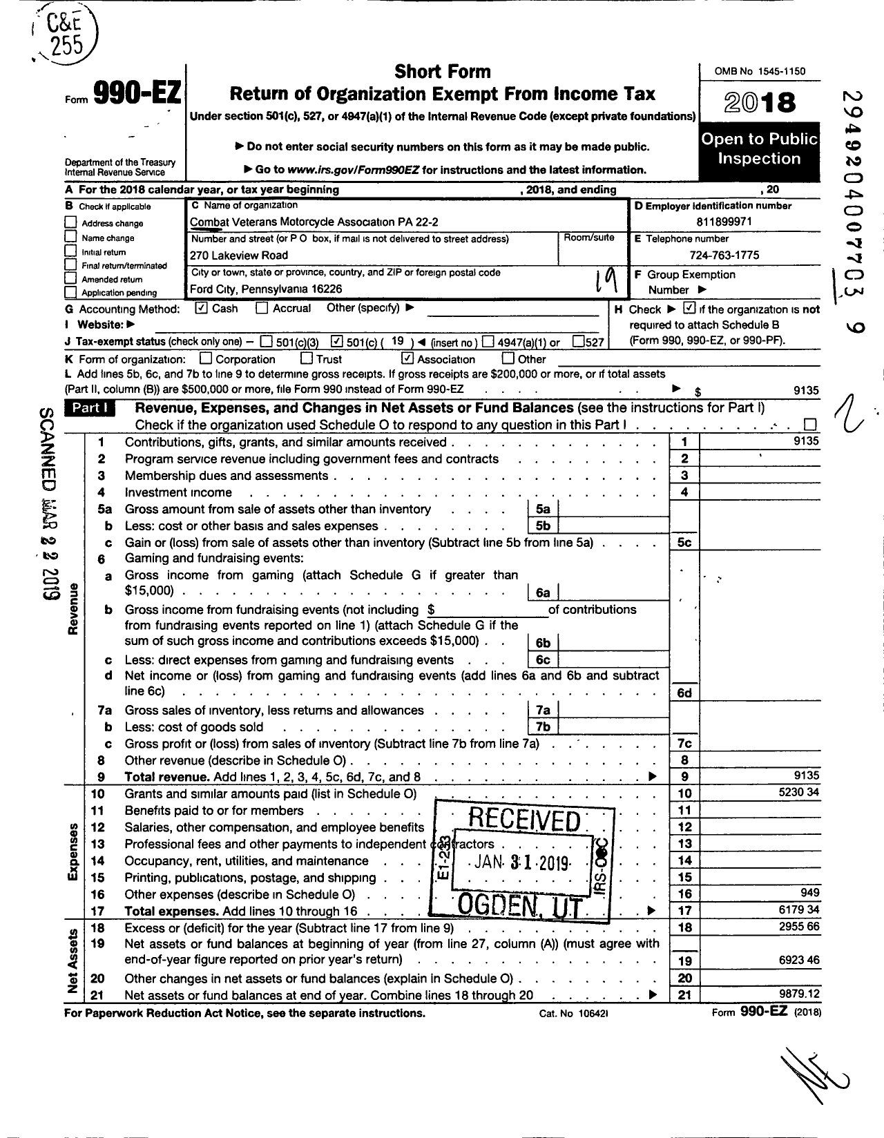 Image of first page of 2018 Form 990EO for Combat Veterans Motorcycle Association PA 22-2