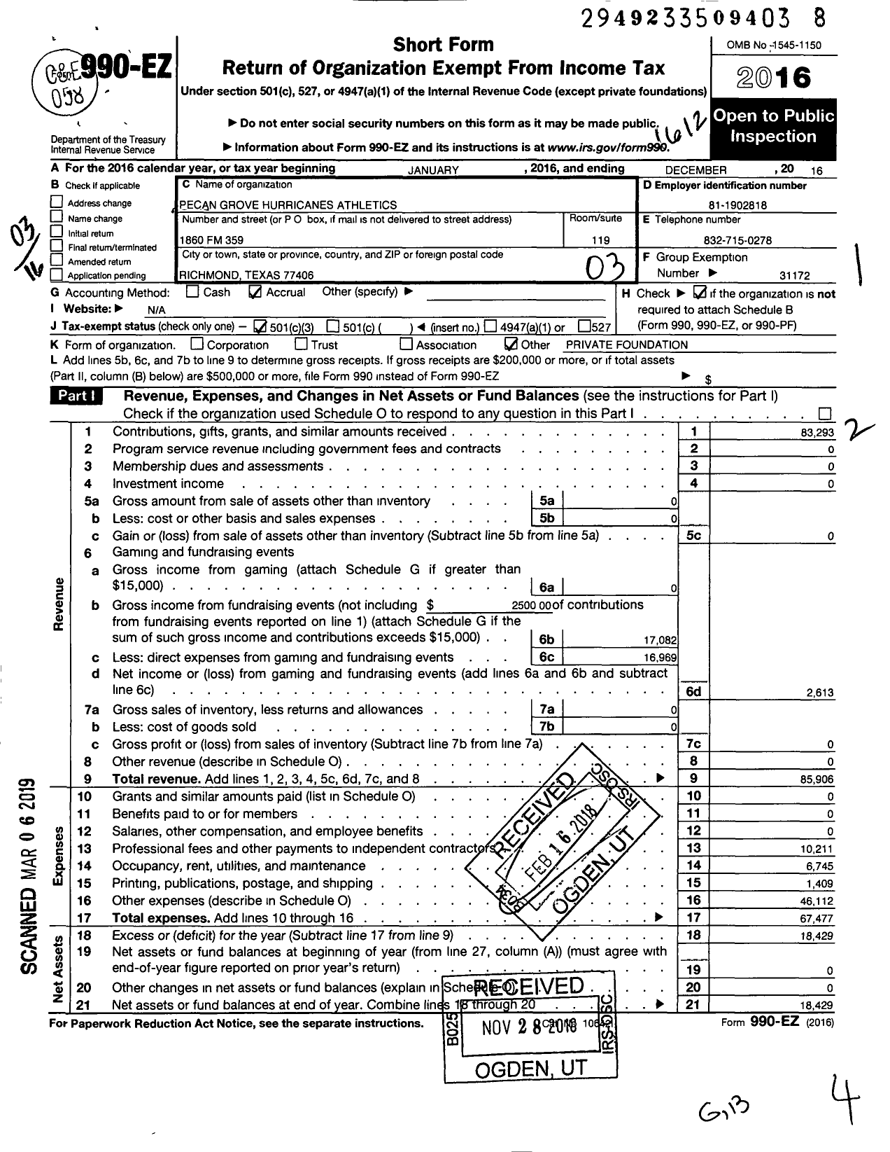 Image of first page of 2016 Form 990EZ for Pecan Grove Hurricanes Athletics