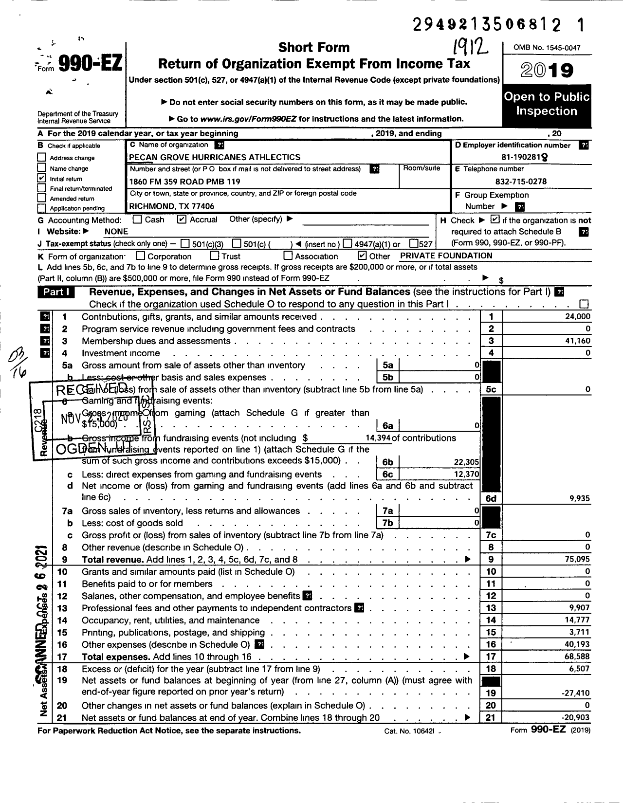 Image of first page of 2019 Form 990EZ for Pecan Grove Hurricanes Athletics