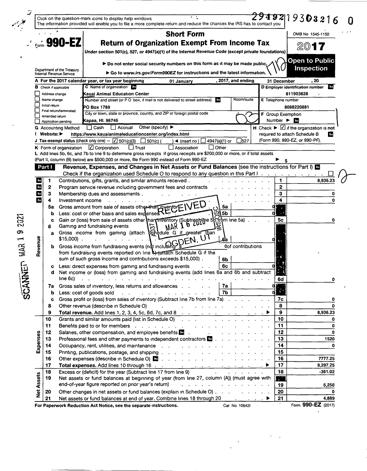 Image of first page of 2017 Form 990EZ for Kauai Animal Education Center