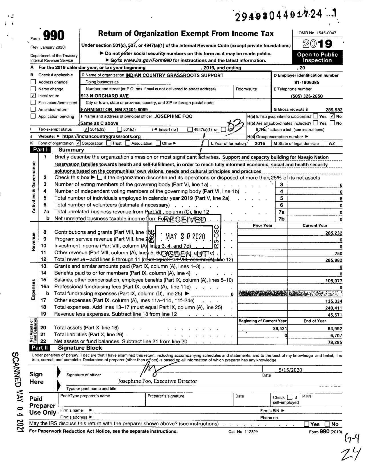 Image of first page of 2019 Form 990 for Indian Country Grassroots Support