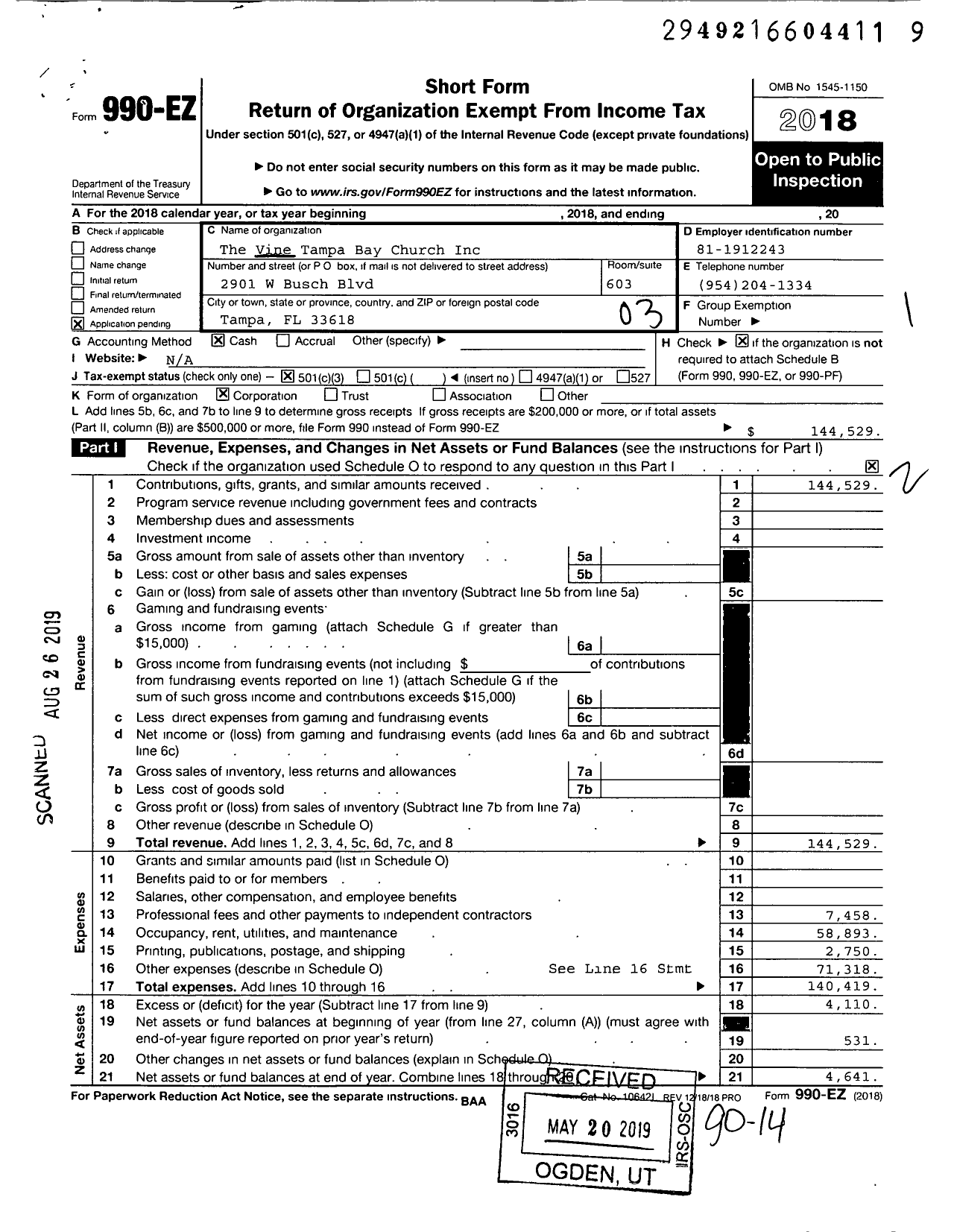 Image of first page of 2018 Form 990EZ for The Vine Tampa Bay Church