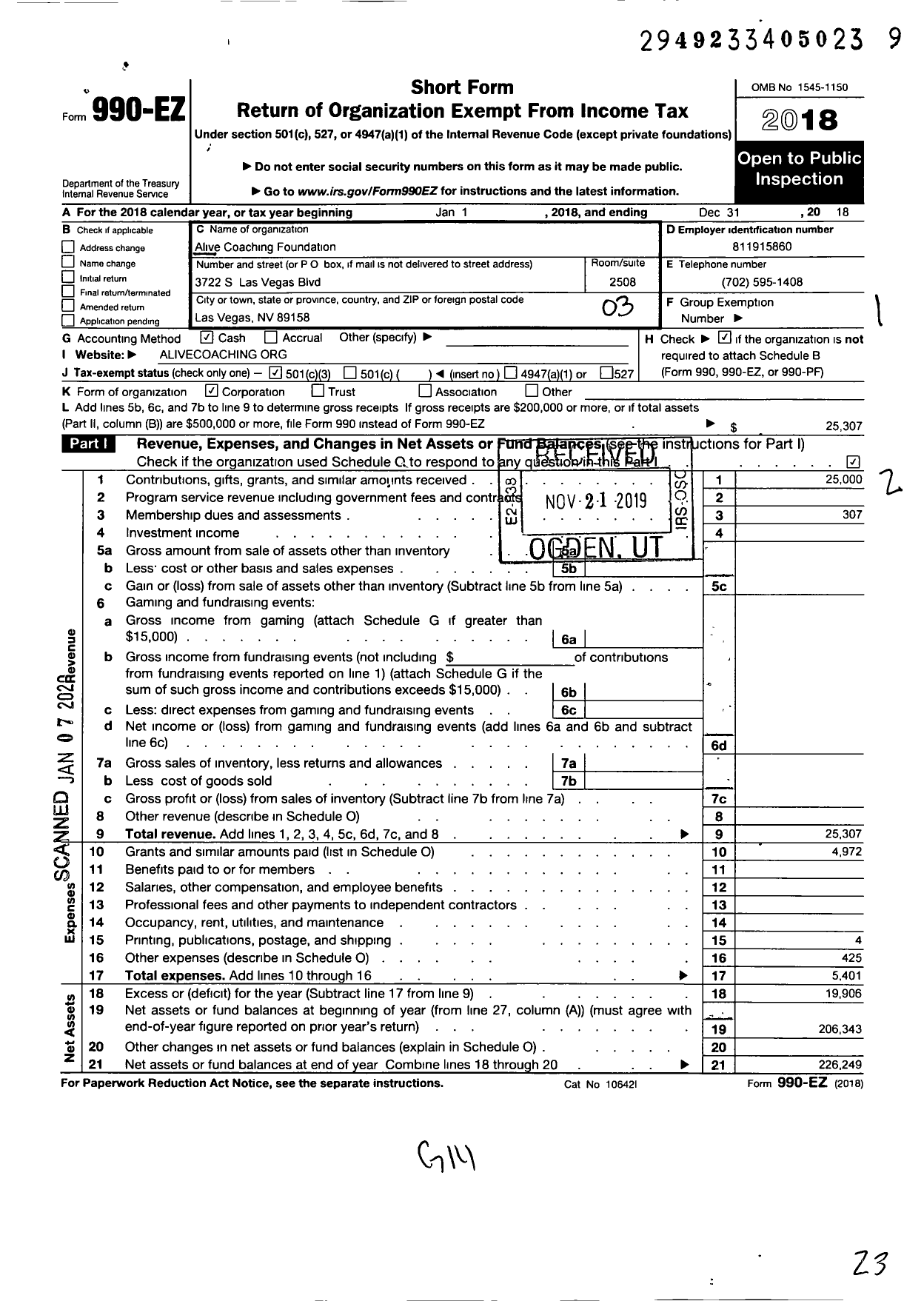 Image of first page of 2018 Form 990EZ for Alive Coaching Foundation