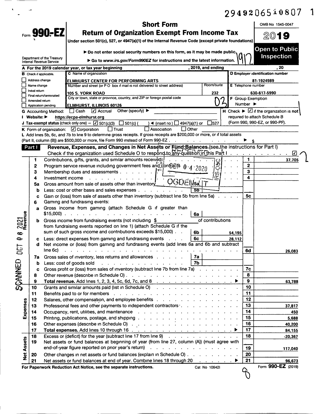 Image of first page of 2019 Form 990EZ for Elmhurst Centre for the Performing Arts