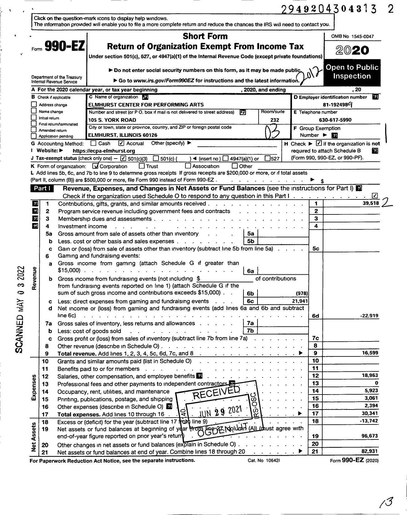 Image of first page of 2020 Form 990EZ for Elmhurst Centre for the Performing Arts