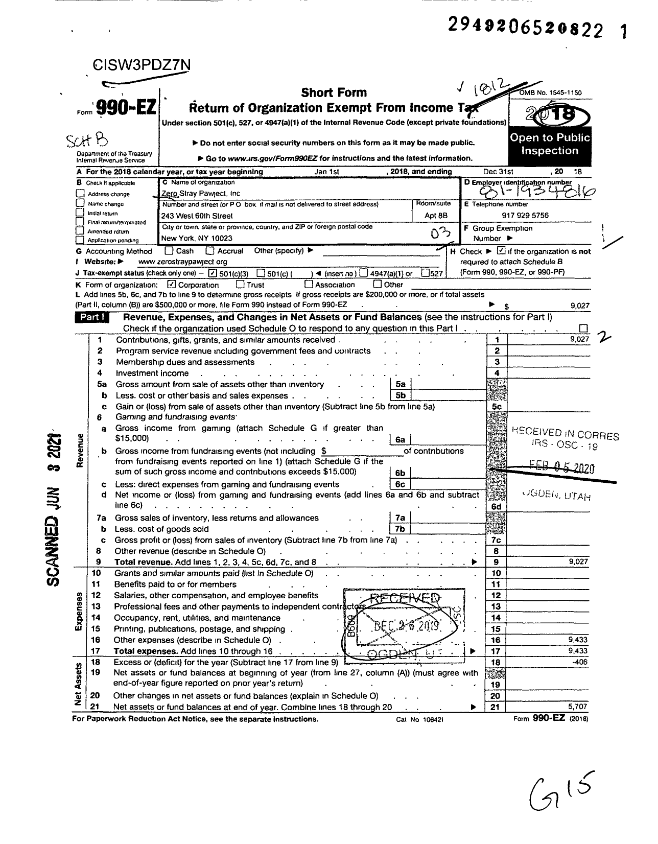 Image of first page of 2018 Form 990EZ for Zero Stray Pawject