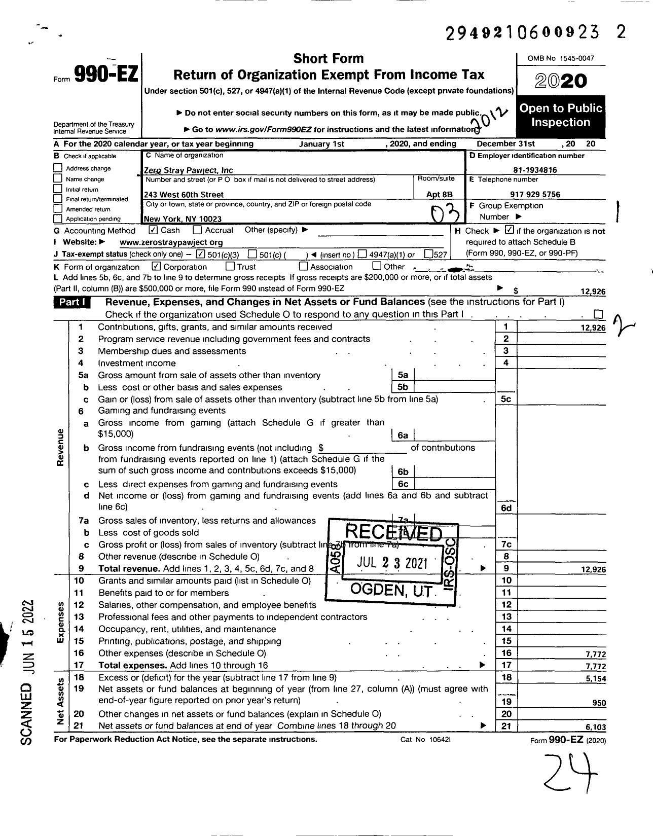 Image of first page of 2020 Form 990EZ for Zero Stray Pawject