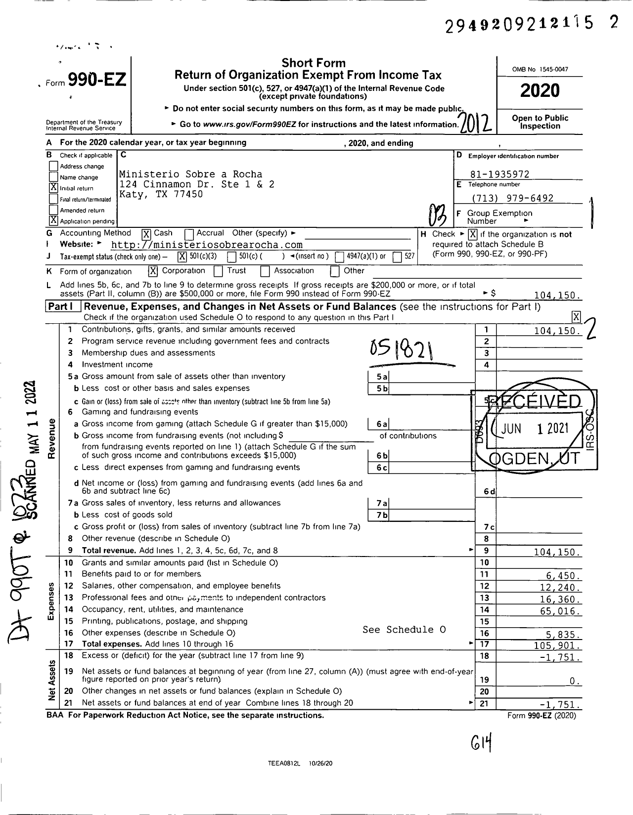 Image of first page of 2020 Form 990EZ for Ministerio Sobre a Rocha