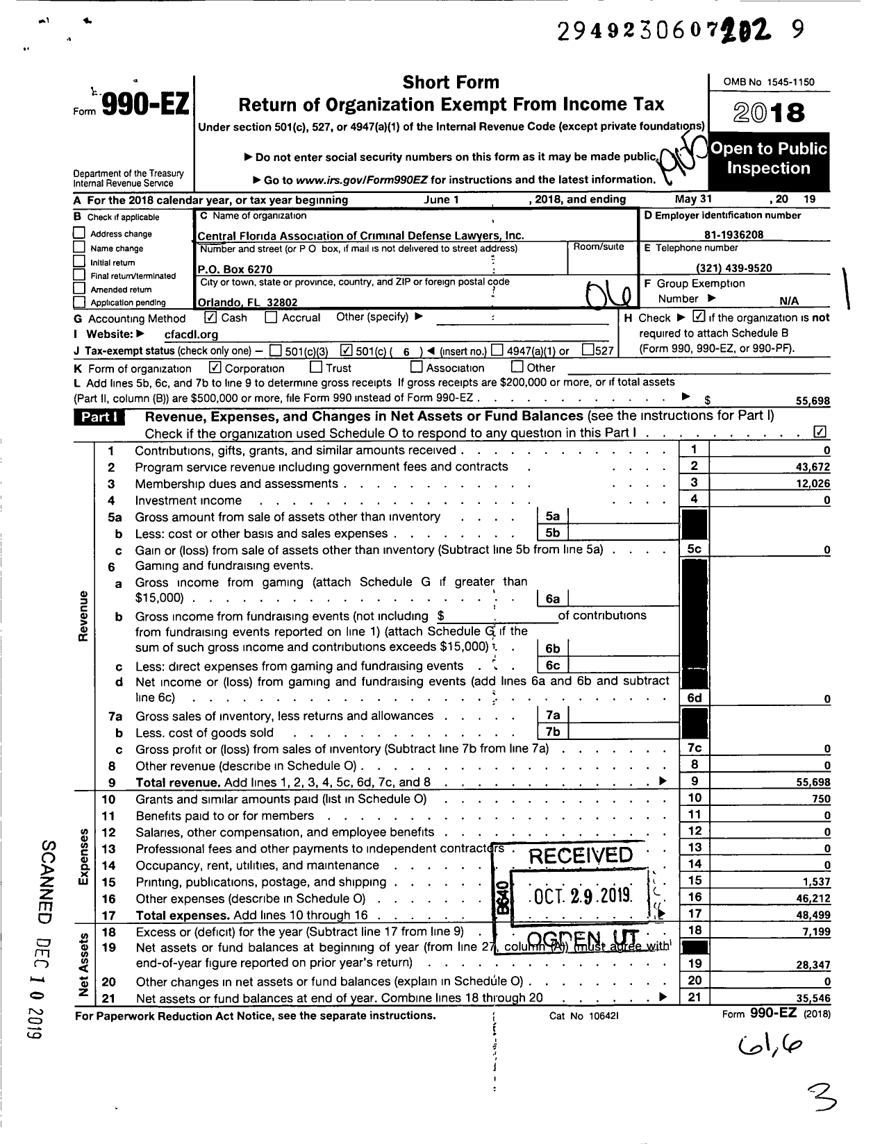 Image of first page of 2018 Form 990EO for Central Florida Association of Criminal Defense Lawyers