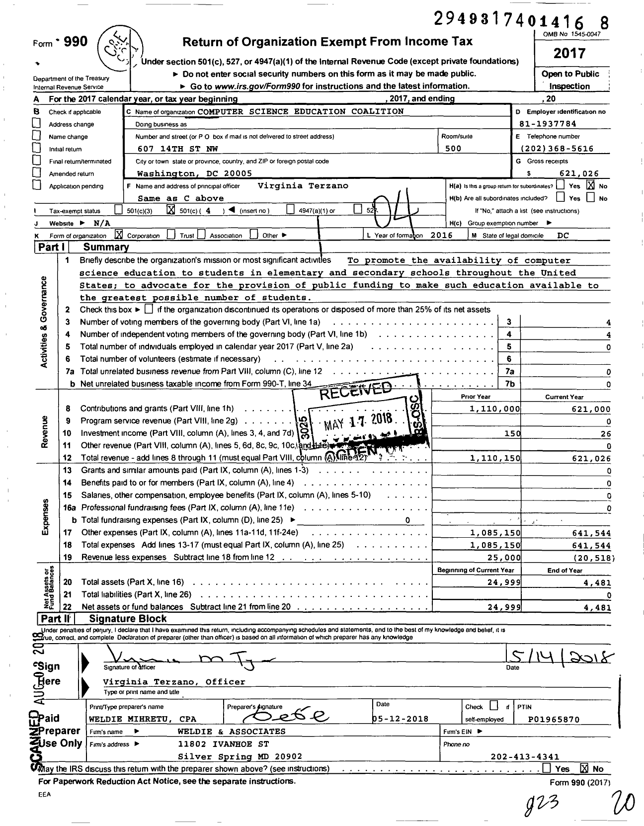 Image of first page of 2017 Form 990O for Computer Science Educa Coalition