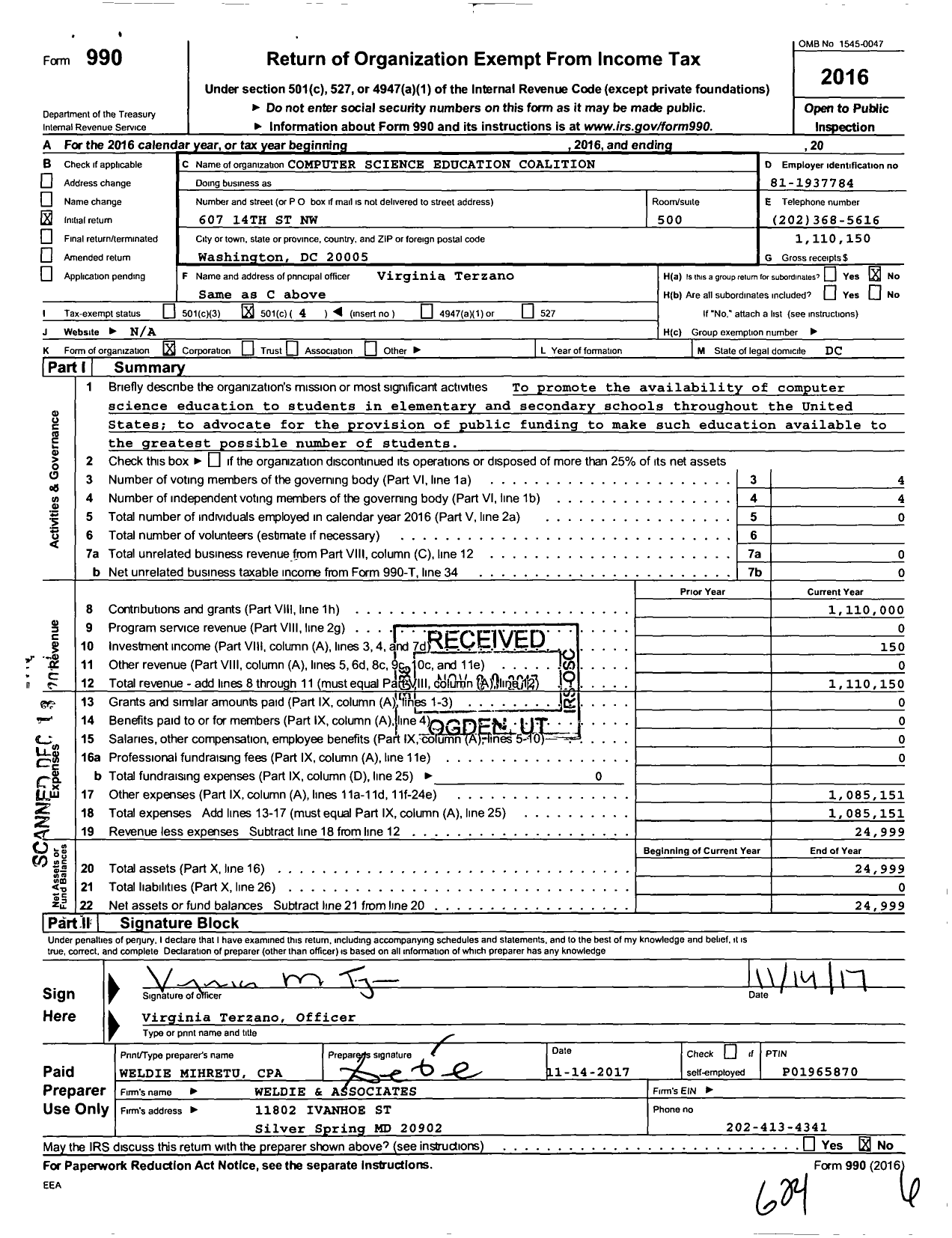 Image of first page of 2016 Form 990O for Computer Science Educa Coalition