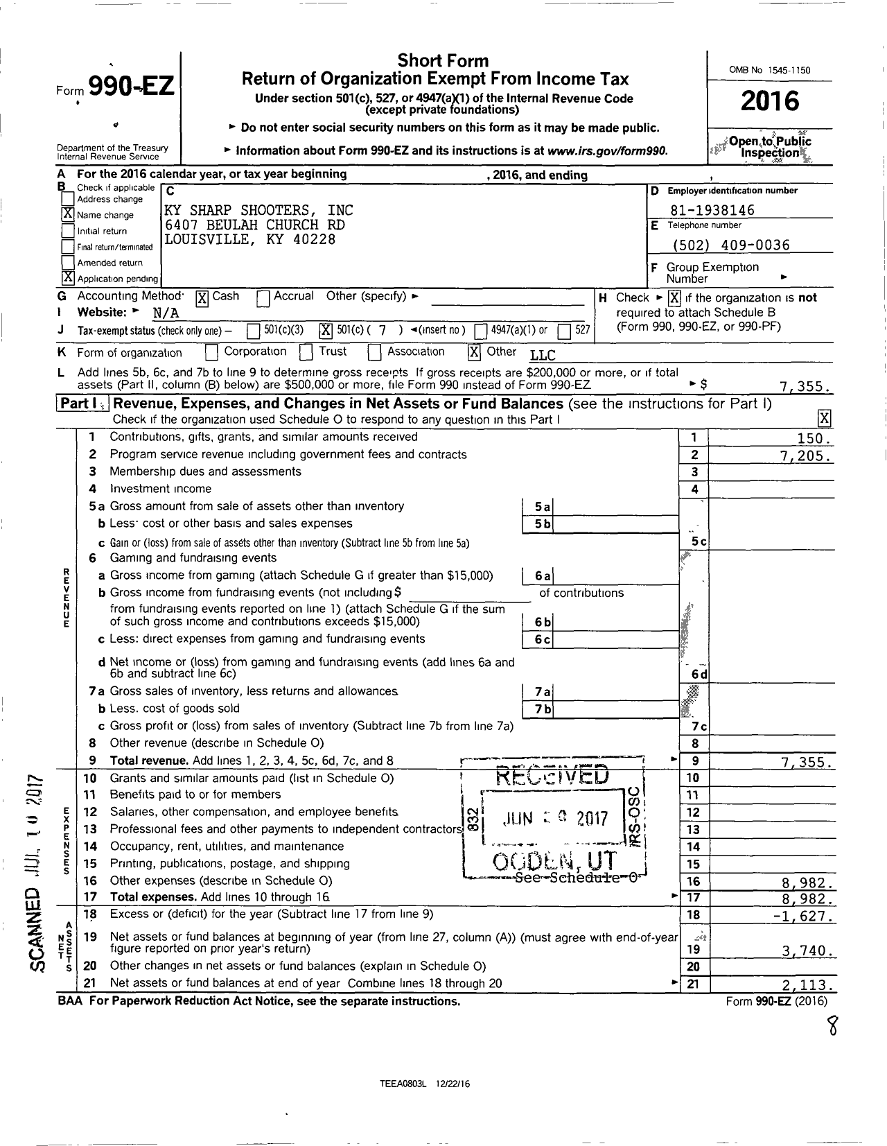 Image of first page of 2016 Form 990EO for Kentucky Sharp Shooters