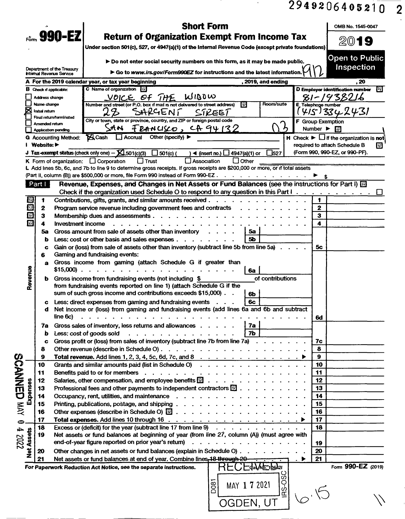 Image of first page of 2019 Form 990EZ for Voice of the Widow