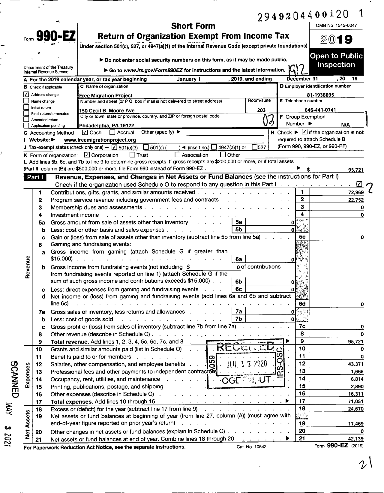 Image of first page of 2019 Form 990EZ for Free Migration Project