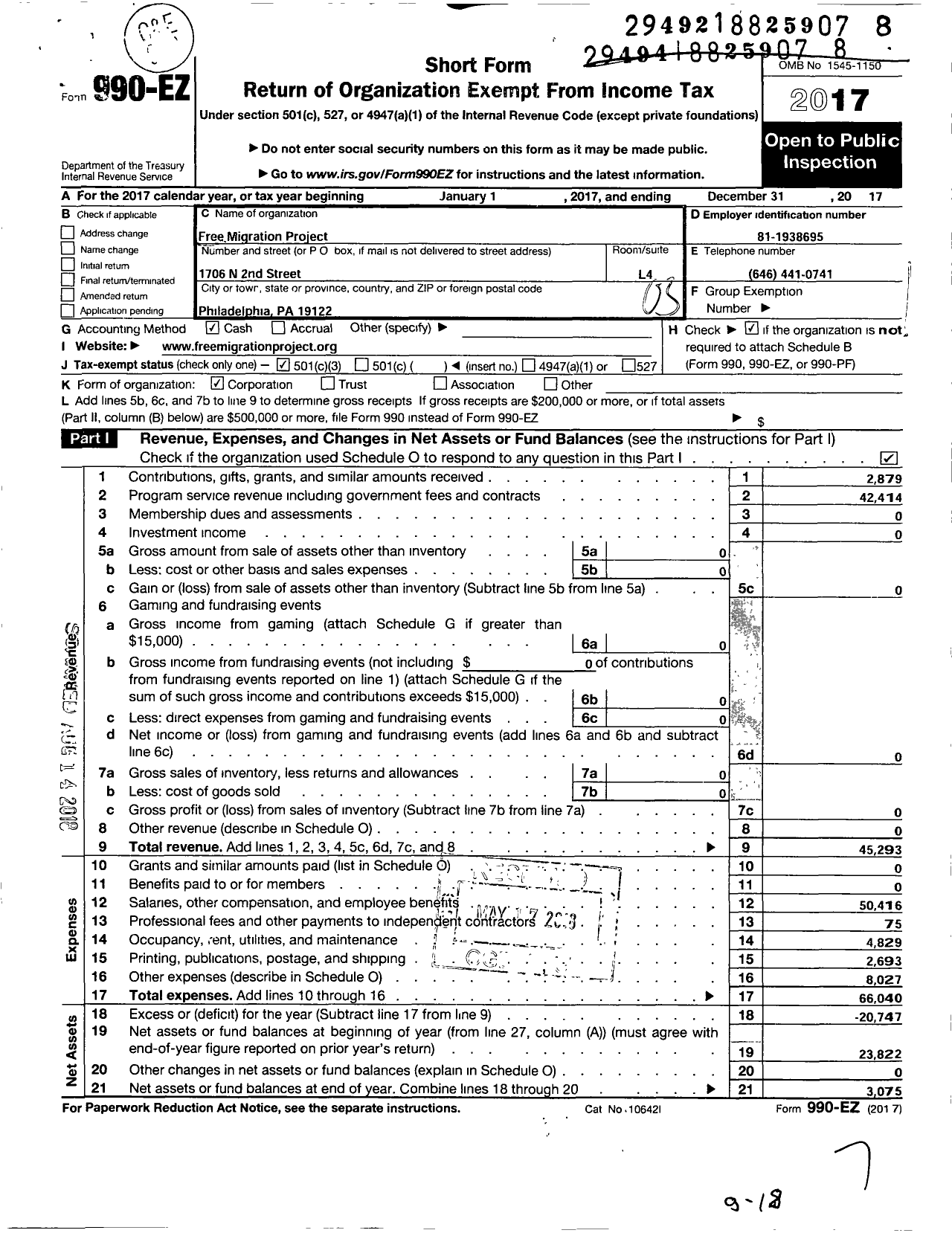 Image of first page of 2017 Form 990EZ for Free Migration Project