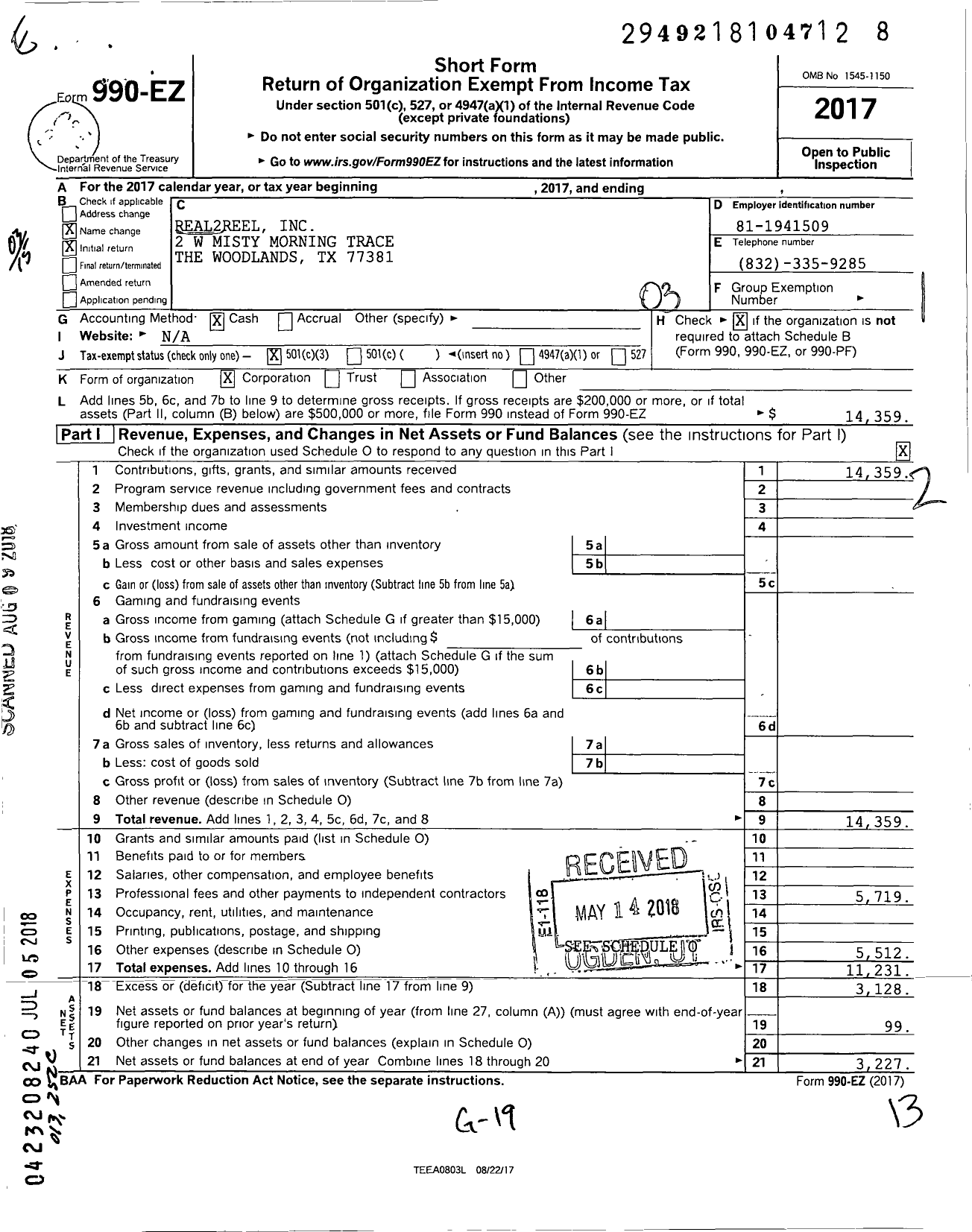 Image of first page of 2017 Form 990EZ for Real2reel