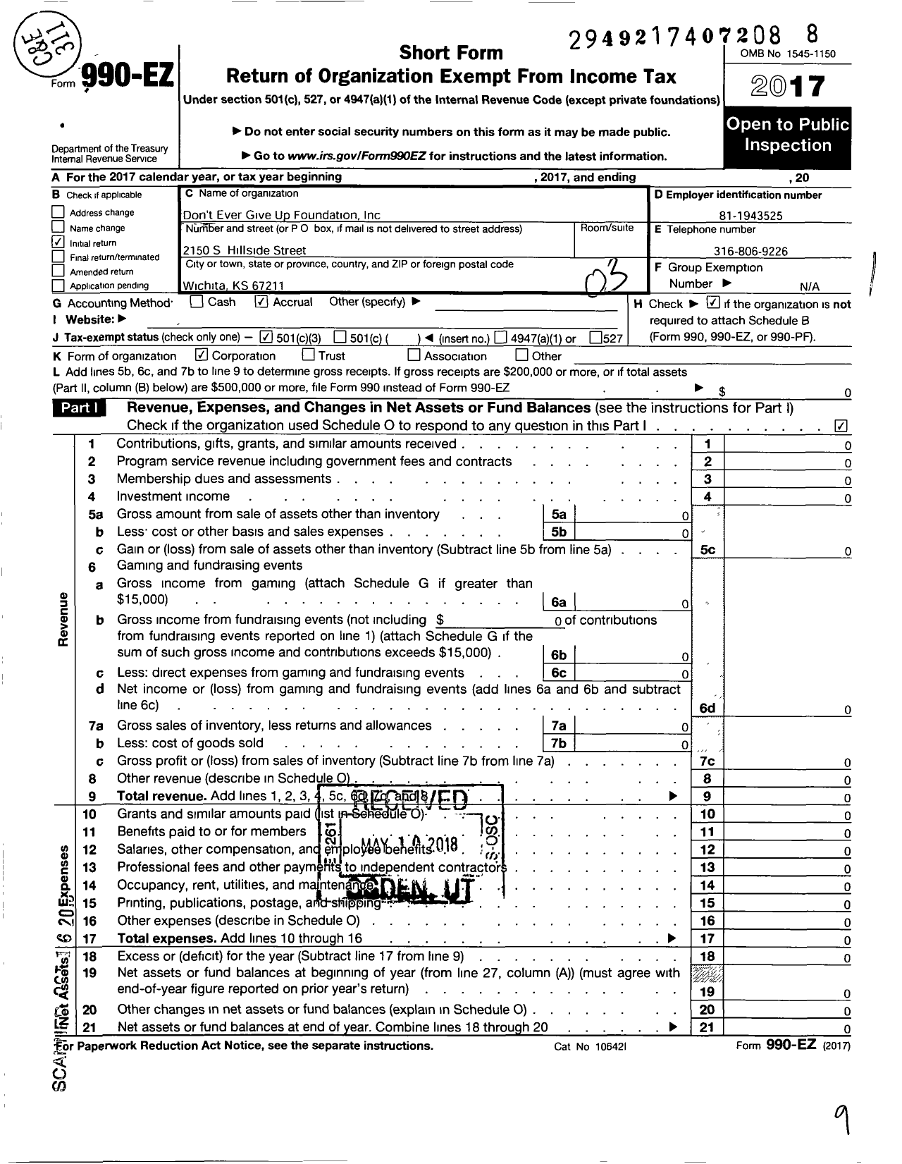 Image of first page of 2017 Form 990EZ for Dont Ever Give Up Foundation