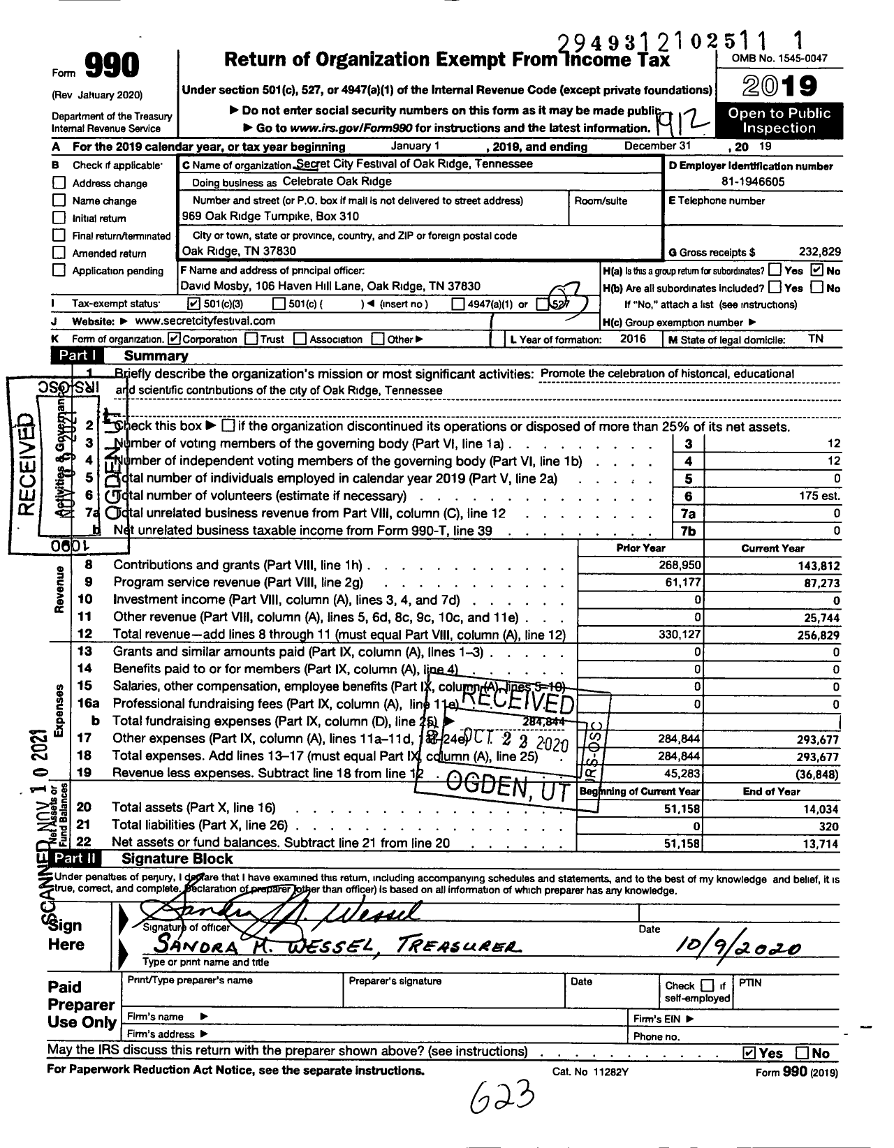 Image of first page of 2019 Form 990 for Celebrate Oak Ridge