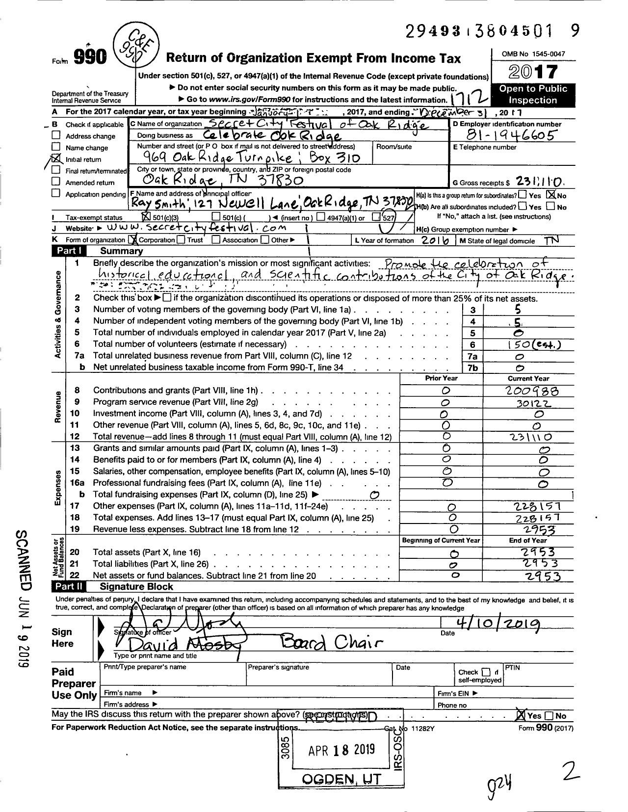 Image of first page of 2017 Form 990 for Celebrate Oak Ridge