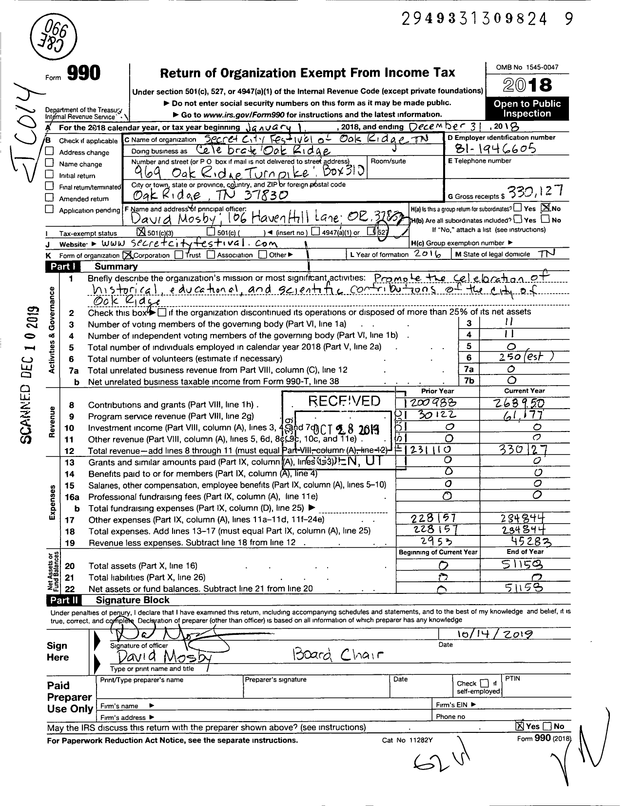 Image of first page of 2018 Form 990 for Celebrate Oak Ridge