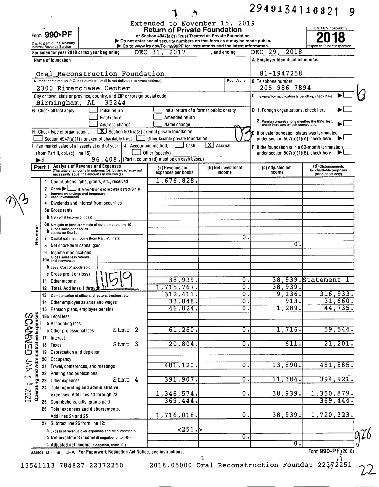 Image of first page of 2018 Form 990PF for Oral Reconstruction Foundation