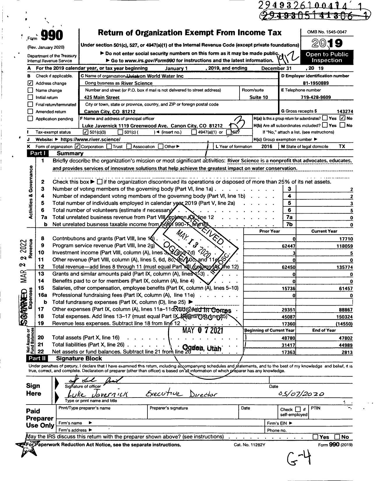 Image of first page of 2019 Form 990 for River Science