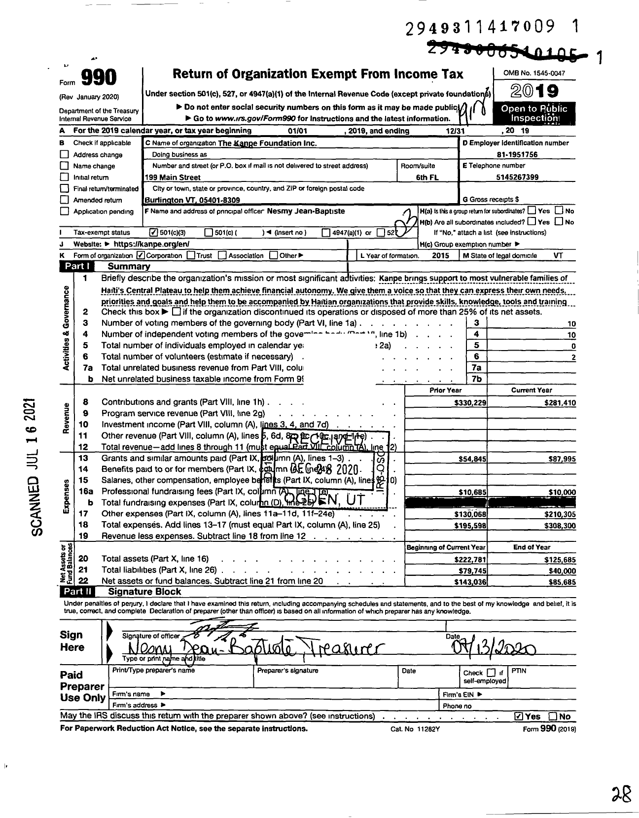 Image of first page of 2019 Form 990 for Kanpe Foundation