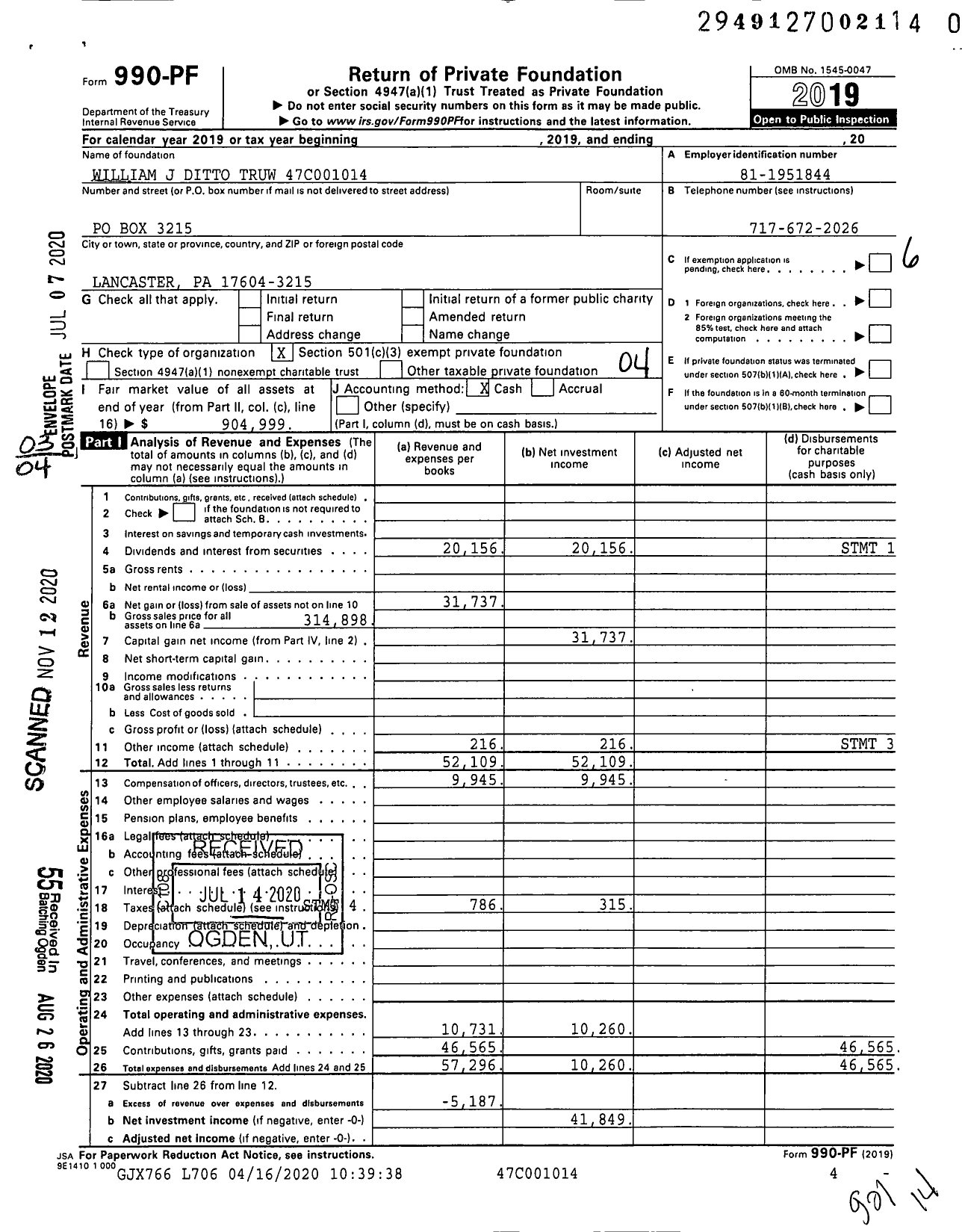 Image of first page of 2019 Form 990PF for William J Ditto Truw 47c001014