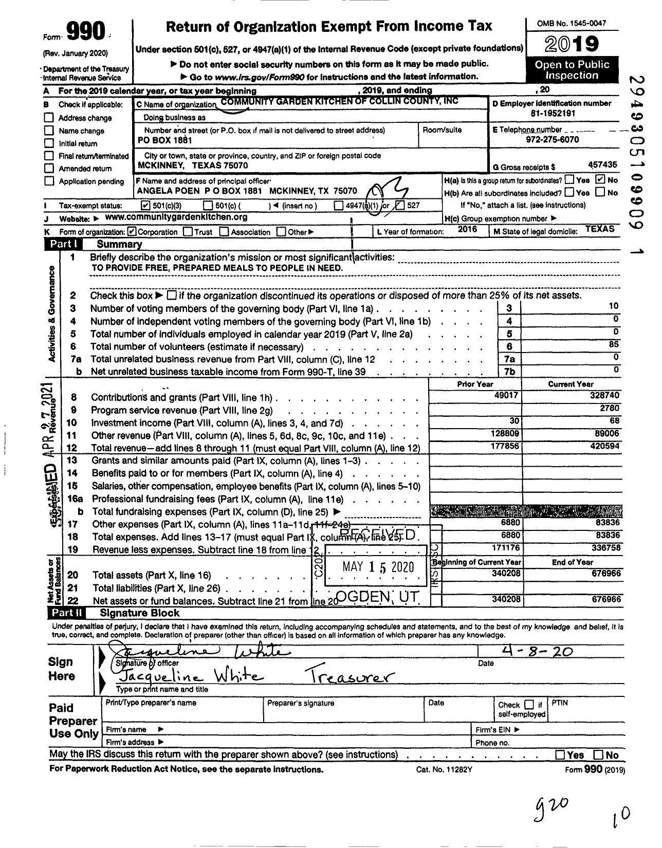 Image of first page of 2019 Form 990 for Community Garden Kitchen of Collin County