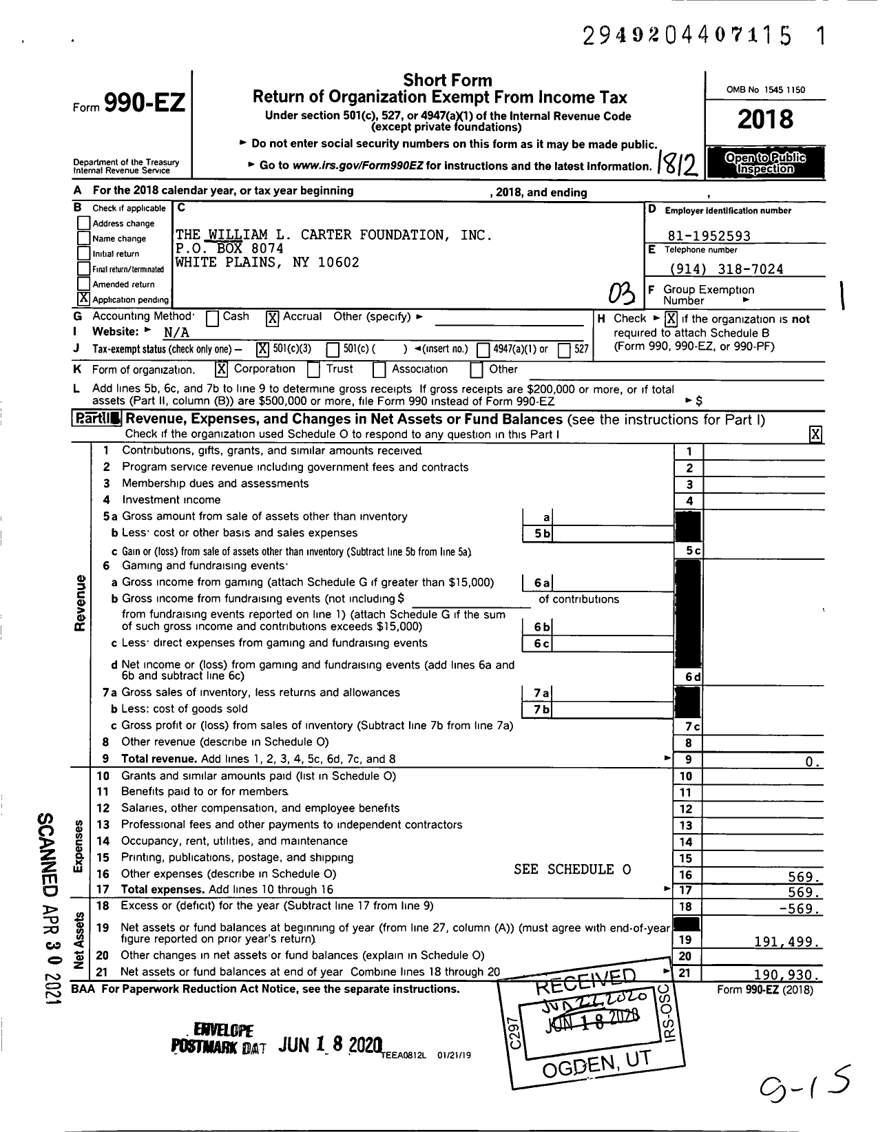 Image of first page of 2018 Form 990EZ for The William L Carter Foundation