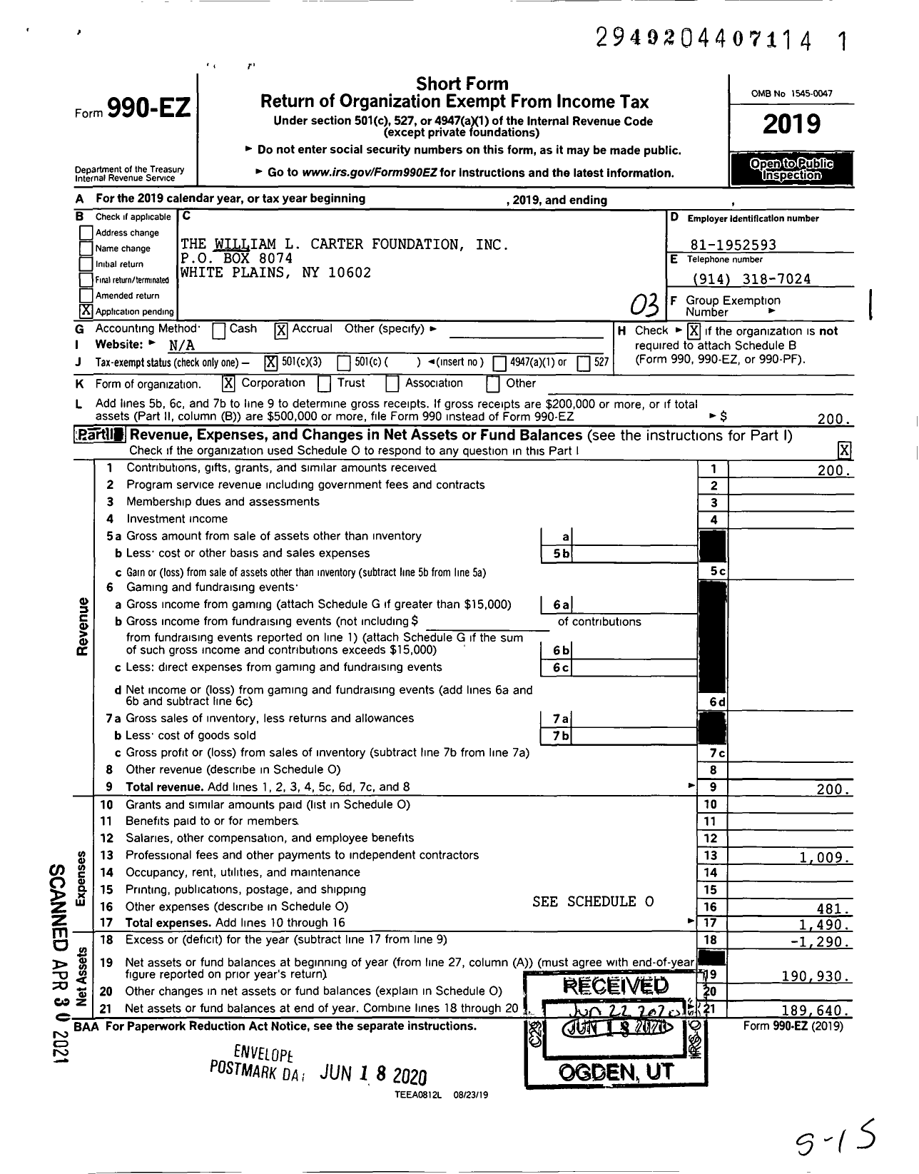 Image of first page of 2019 Form 990EZ for The William L Carter Foundation