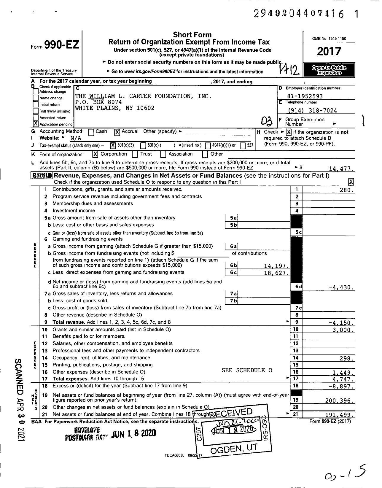 Image of first page of 2017 Form 990EZ for The William L Carter Foundation