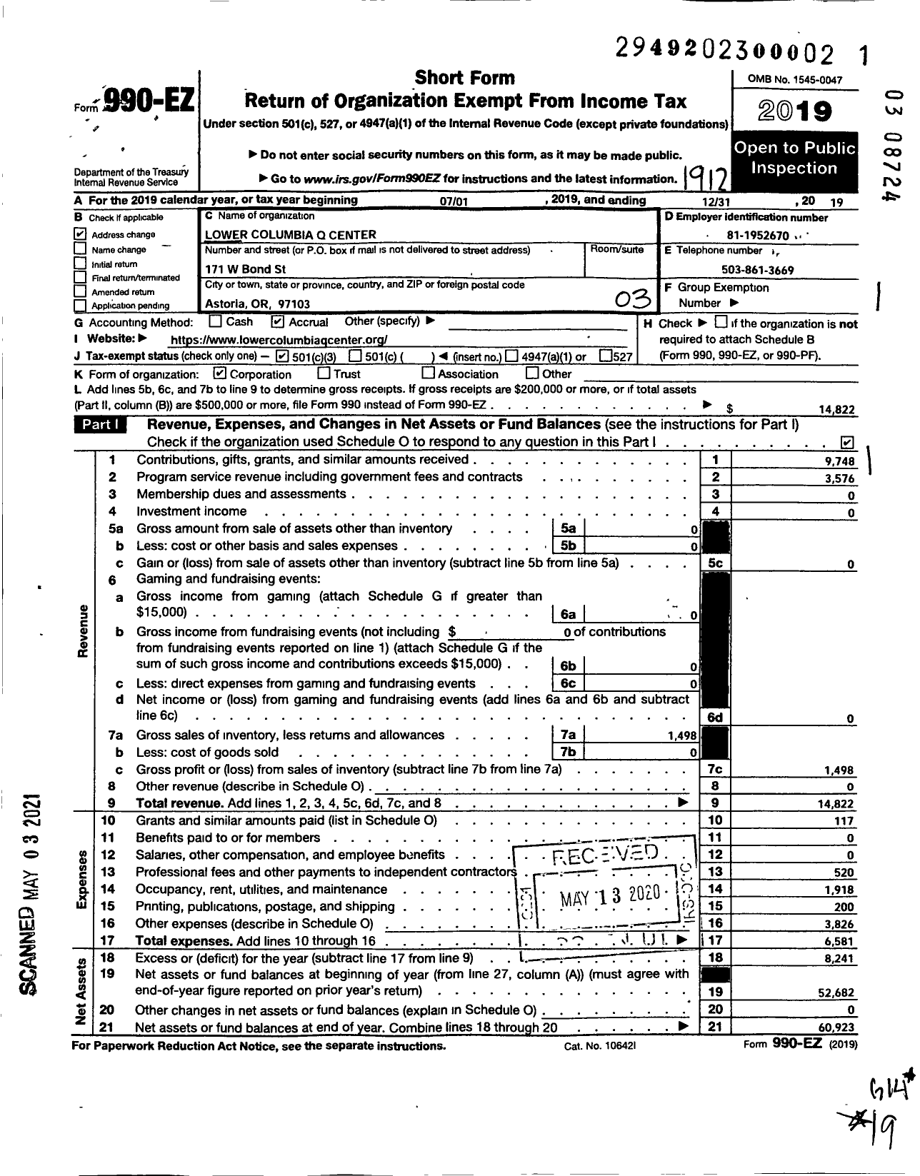 Image of first page of 2019 Form 990EZ for Lower Columbia Q Center