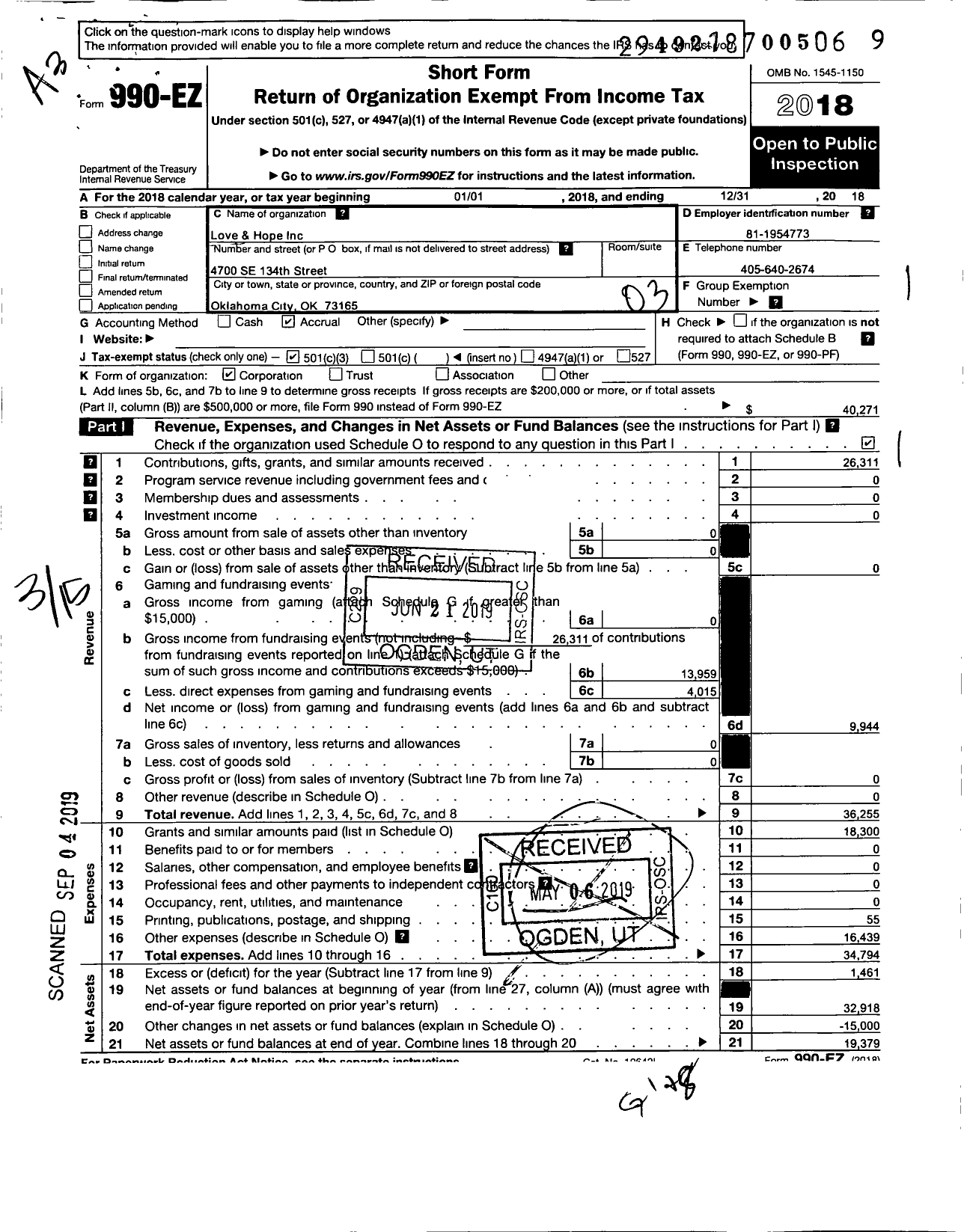 Image of first page of 2018 Form 990EZ for Love and Hope