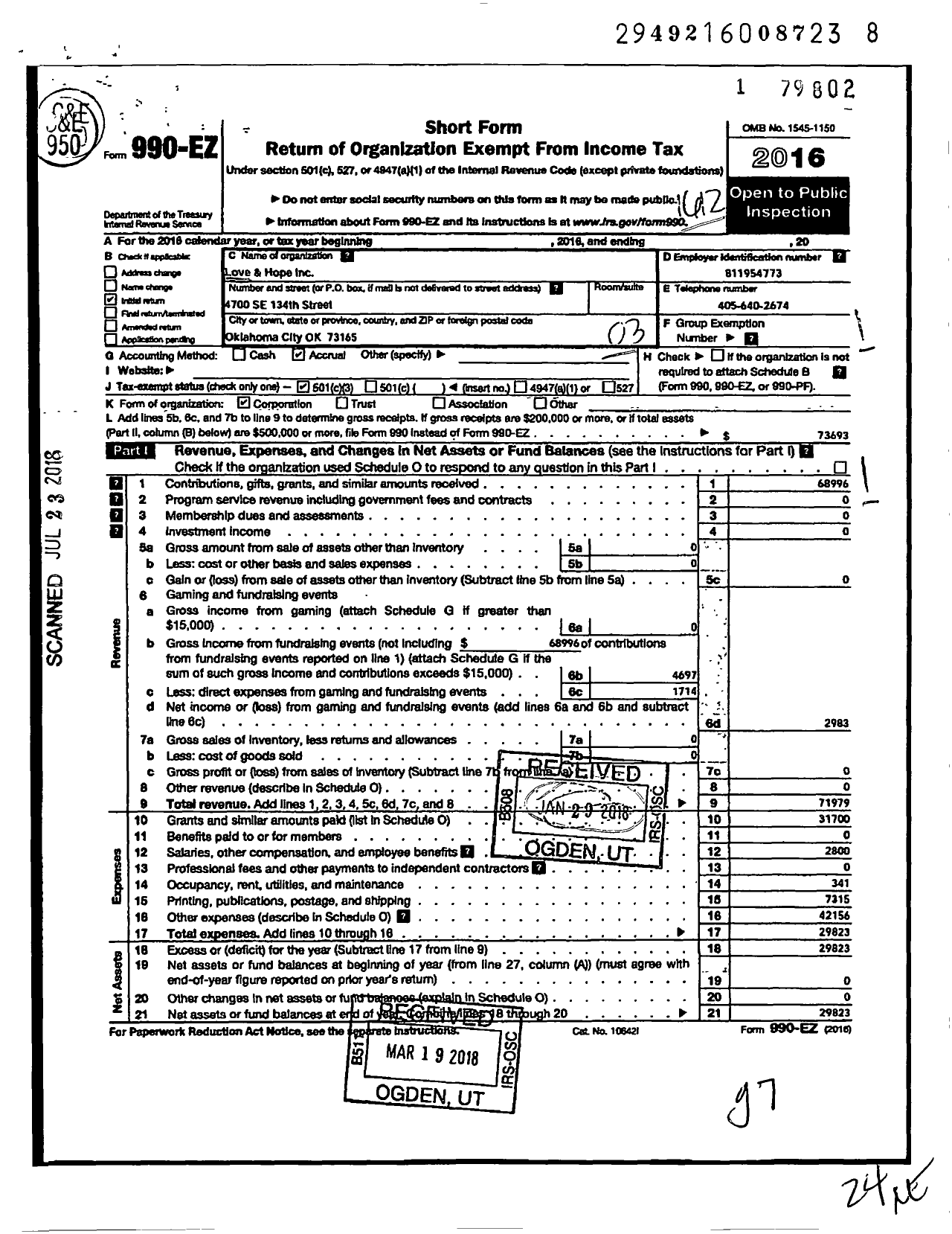 Image of first page of 2016 Form 990EZ for Love and Hope