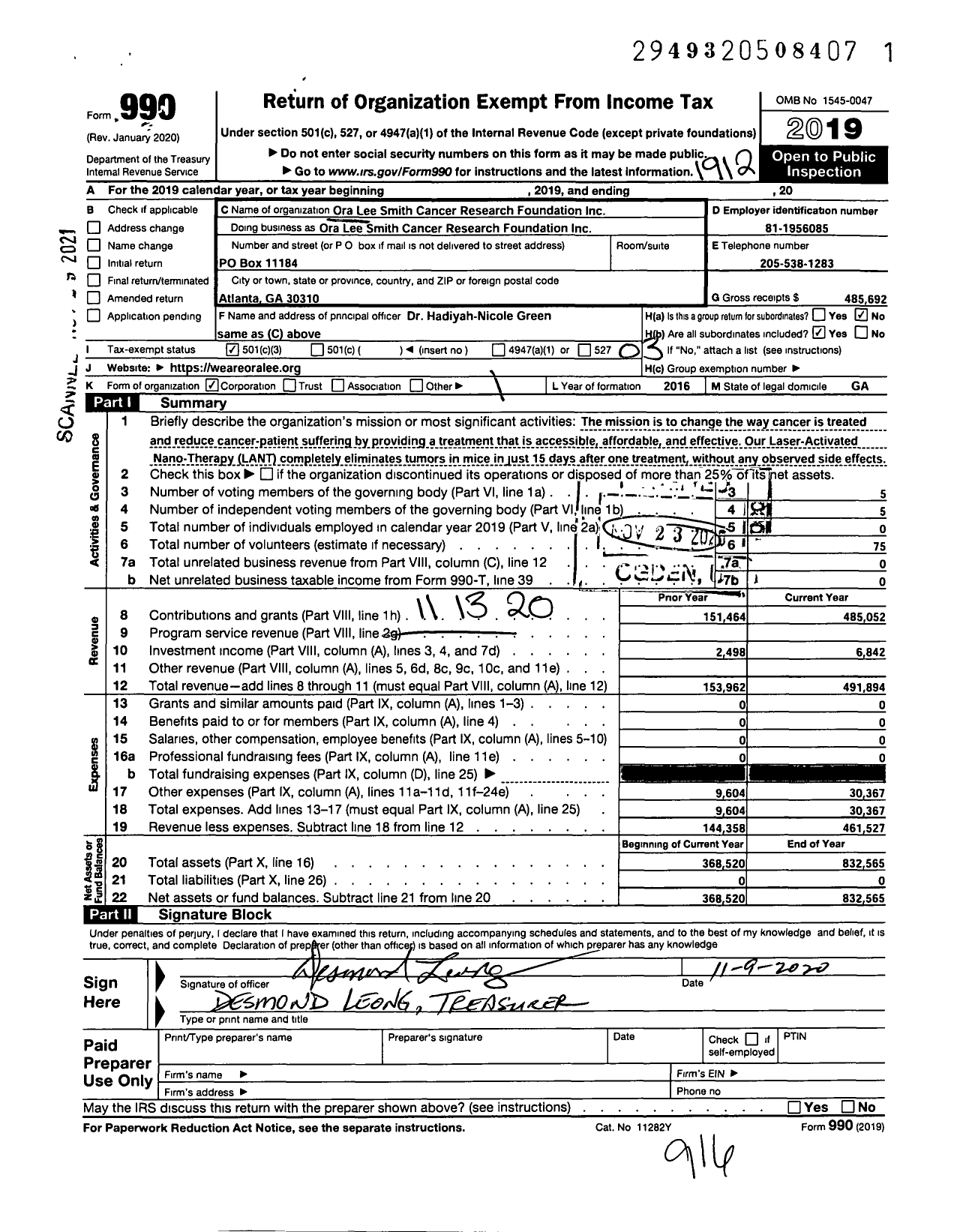 Image of first page of 2019 Form 990 for Ora Lee Smith Cancer Research Foundation