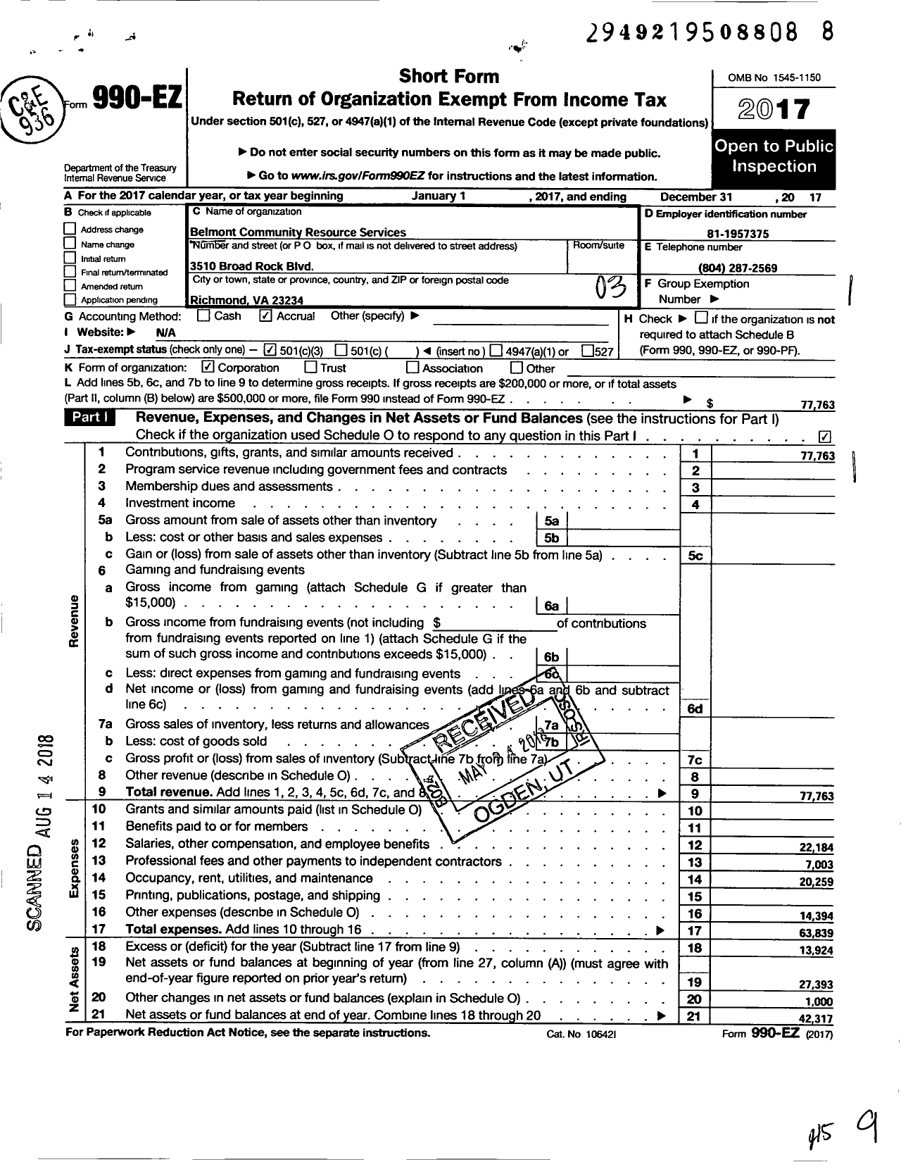 Image of first page of 2017 Form 990EZ for Belmont Community Resource Services