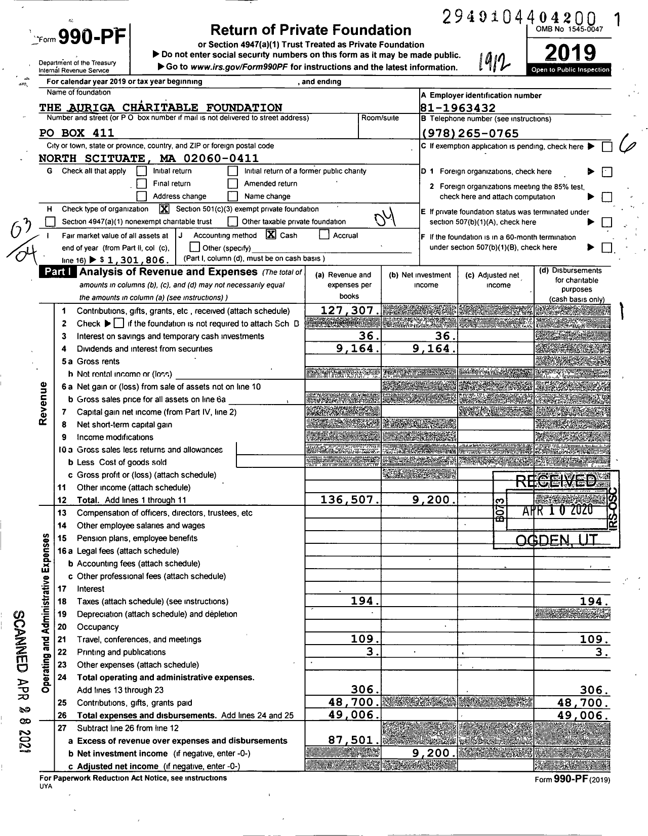 Image of first page of 2019 Form 990PF for Auriga Charitable Foundation