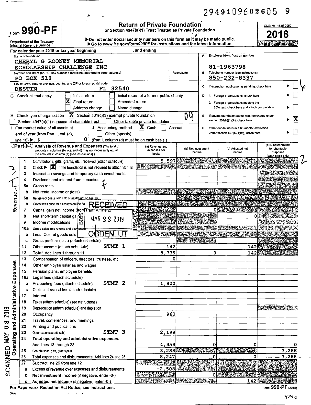 Image of first page of 2018 Form 990PF for Cheryl G Rooney Memorial Scholarship Challenge