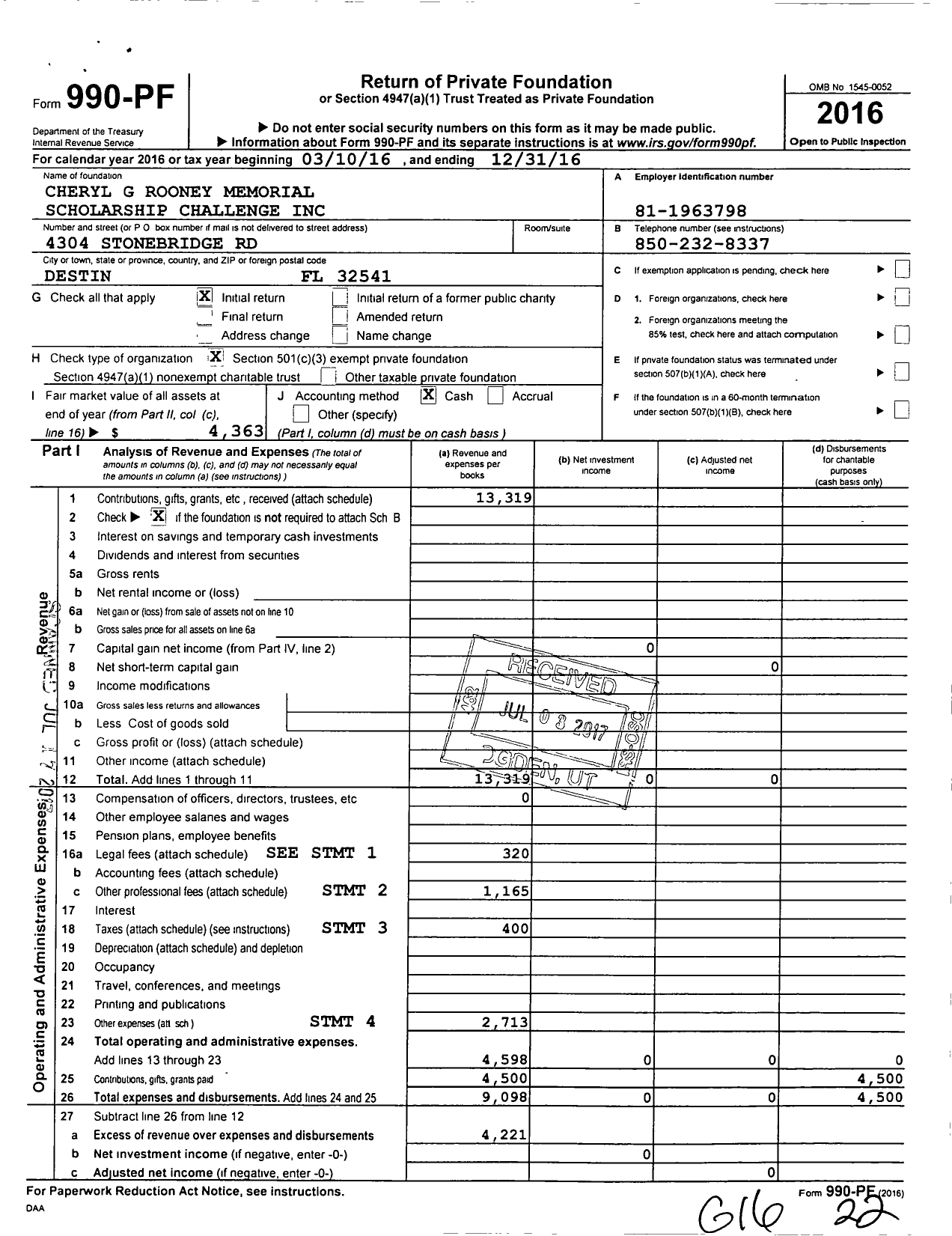 Image of first page of 2016 Form 990PF for Cheryl G Rooney Memorial Scholarship Challenge